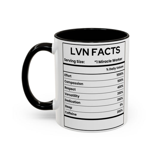Mug with 'LVN Facts' label on a white background