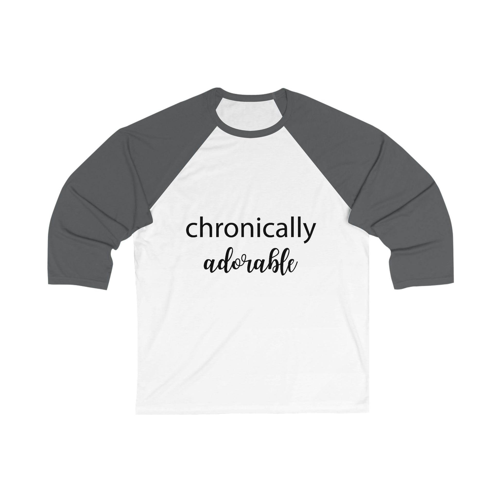 Baseball shirt with 'chronically adorable' text on a white background
