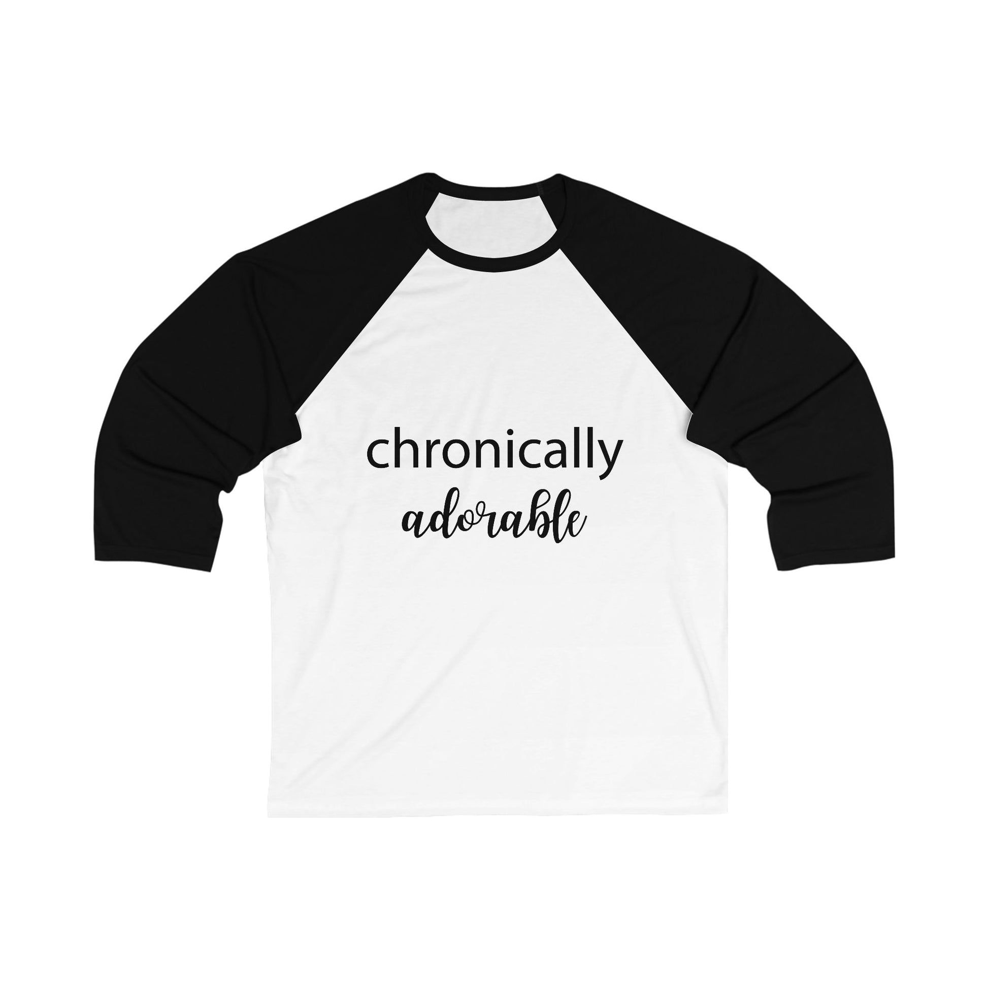 Black and white baseball shirt with 'chronically adorable' text on a white background