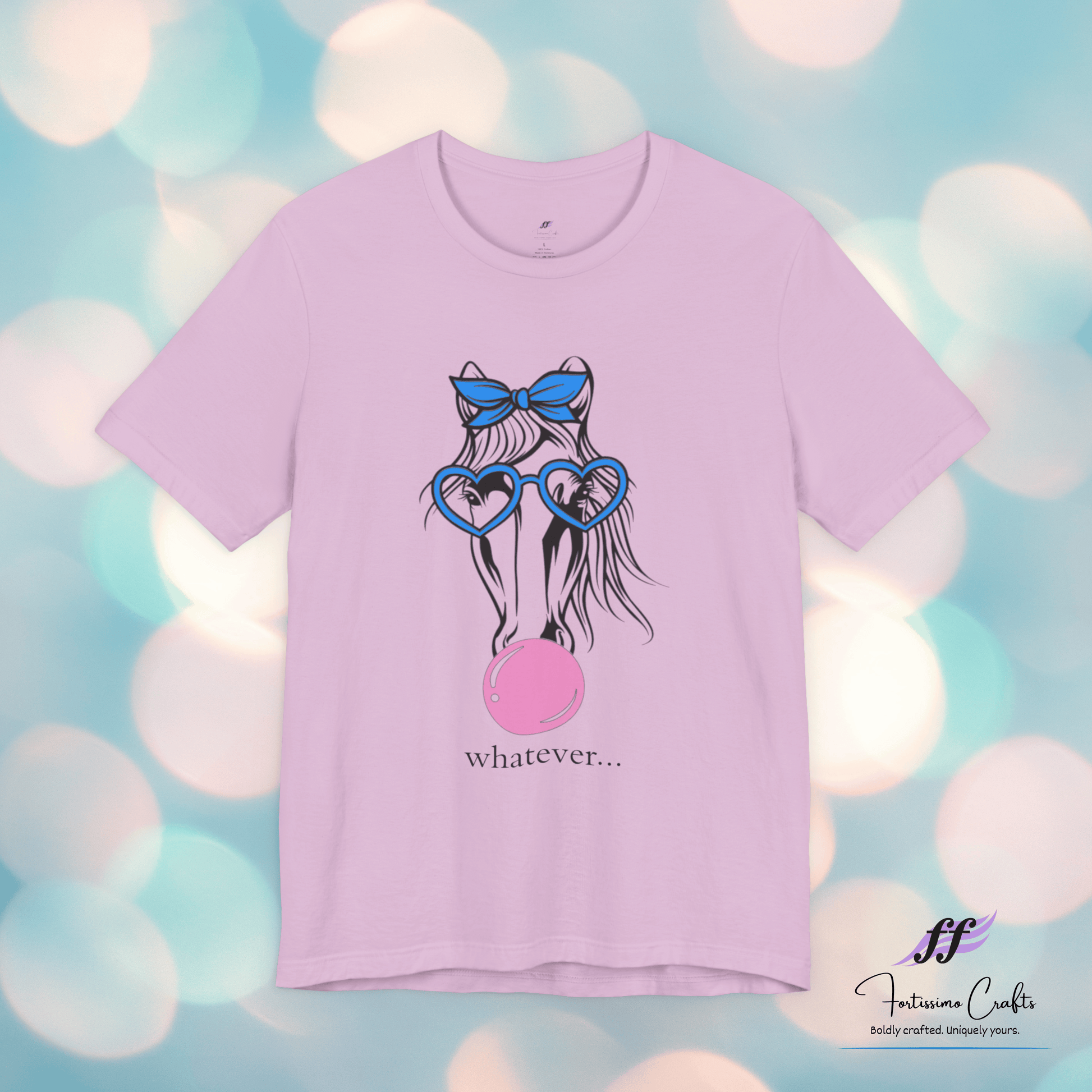 Purple t-shirt with a horse graphic and 'whatever...' text on a colorful blurred background