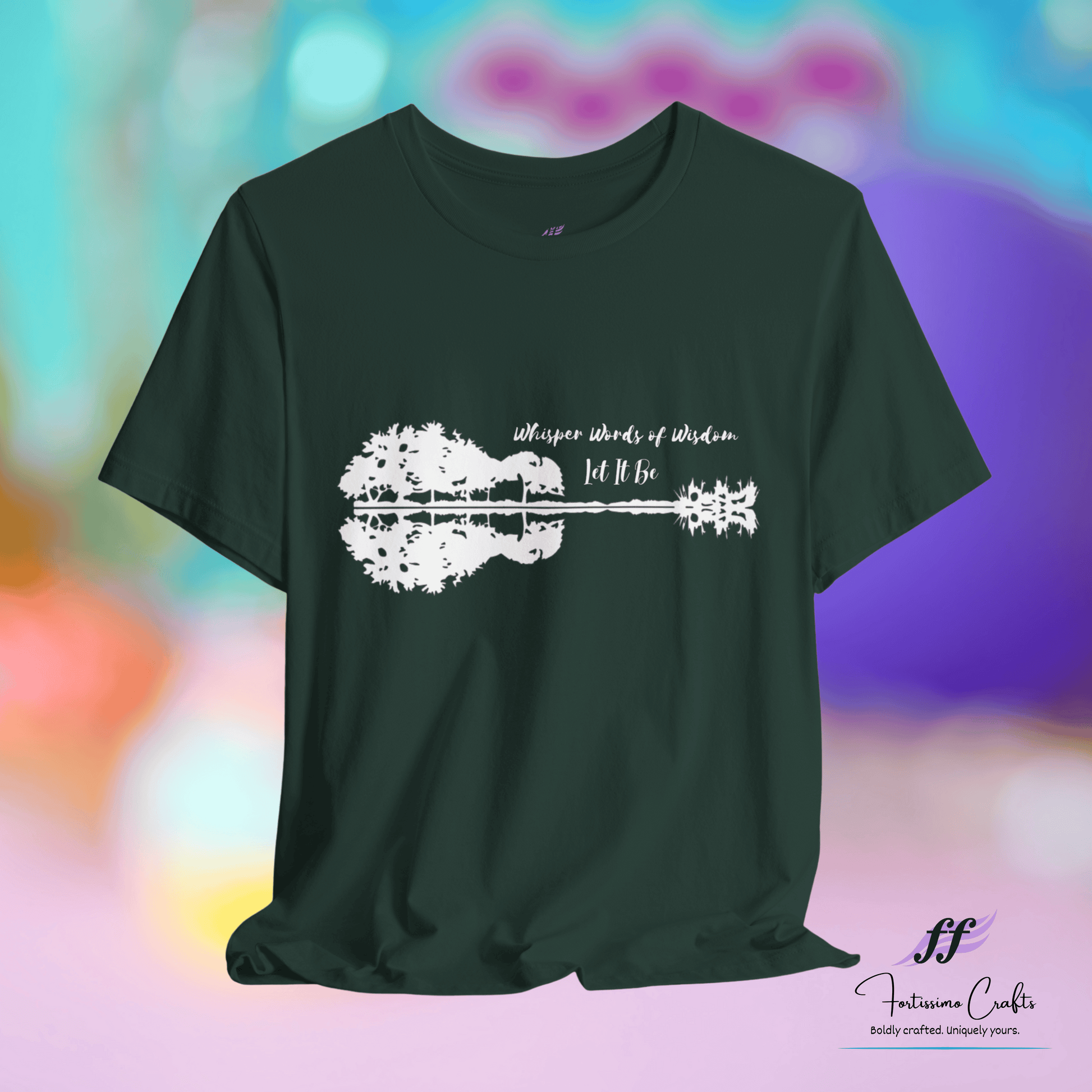 Black t-shirt with white graphic design and text on a colorful background