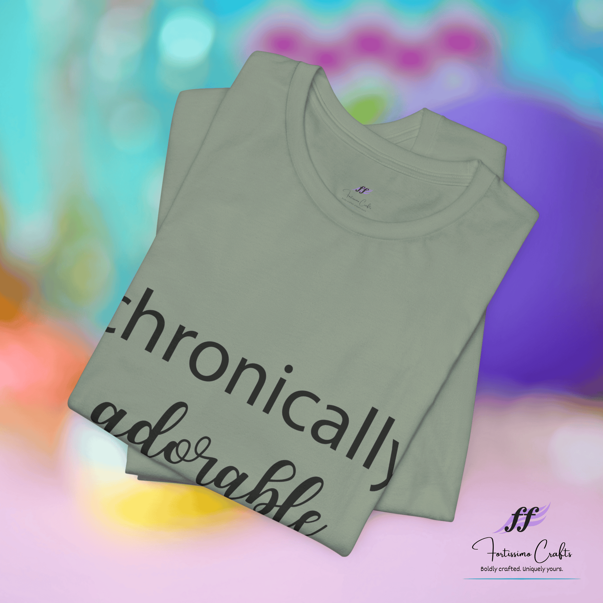 Stack of green t-shirts with 'chronically adorable' text on a colorful background