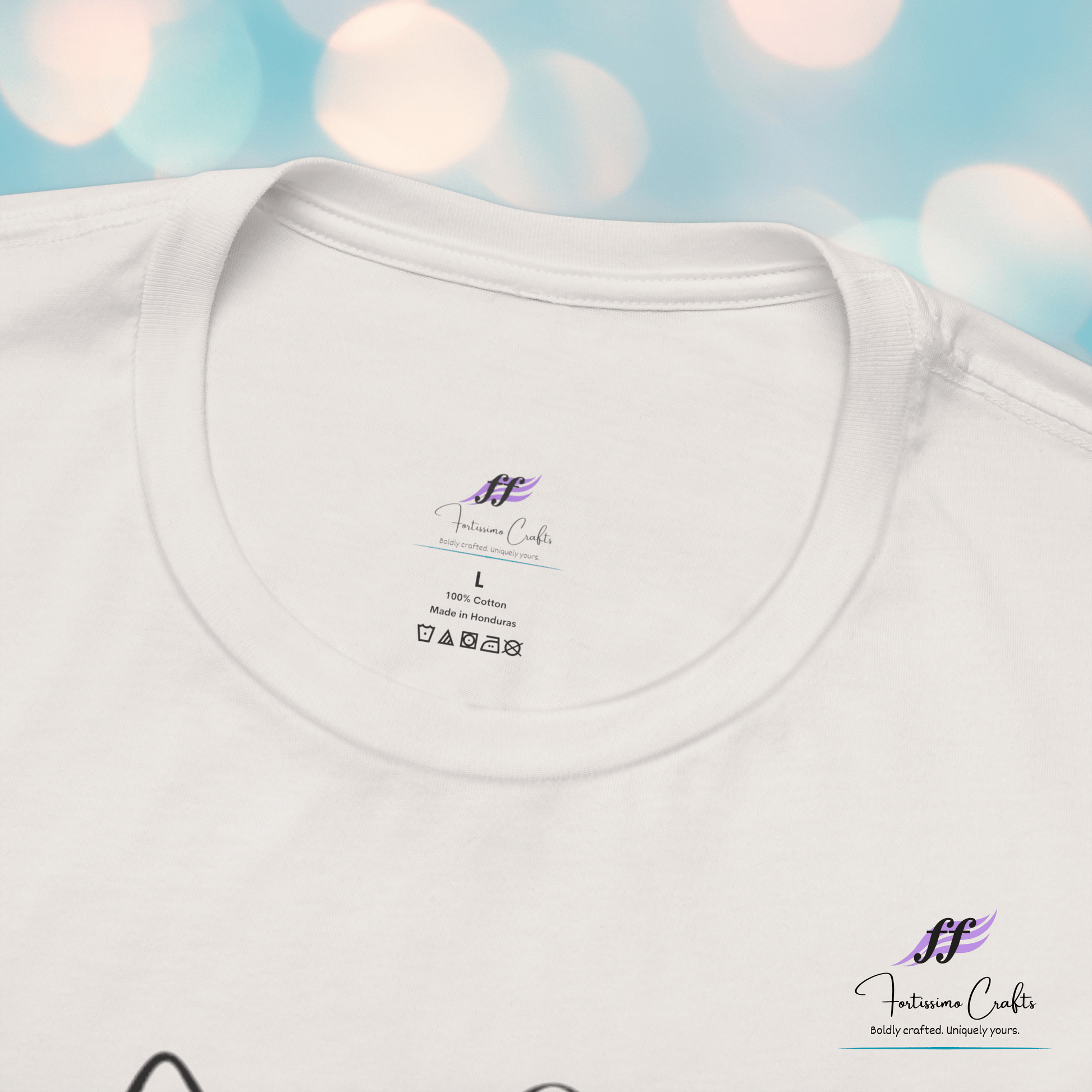 White t-shirt with a brand label on a blurred background