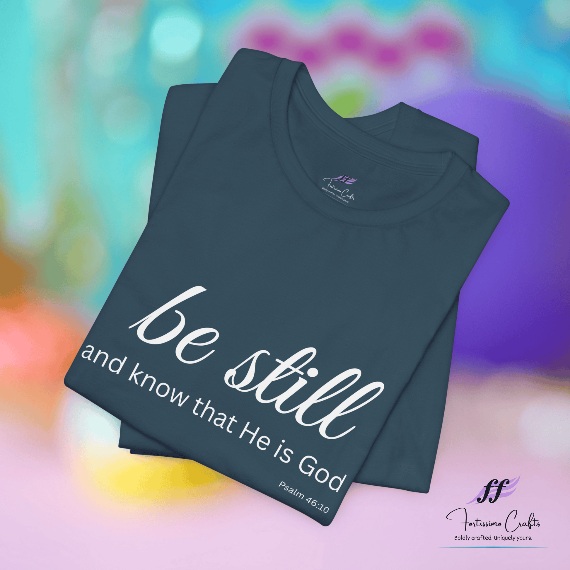 Dark gray t-shirt with 'be still and know that He is God' text on a colorful blurred background