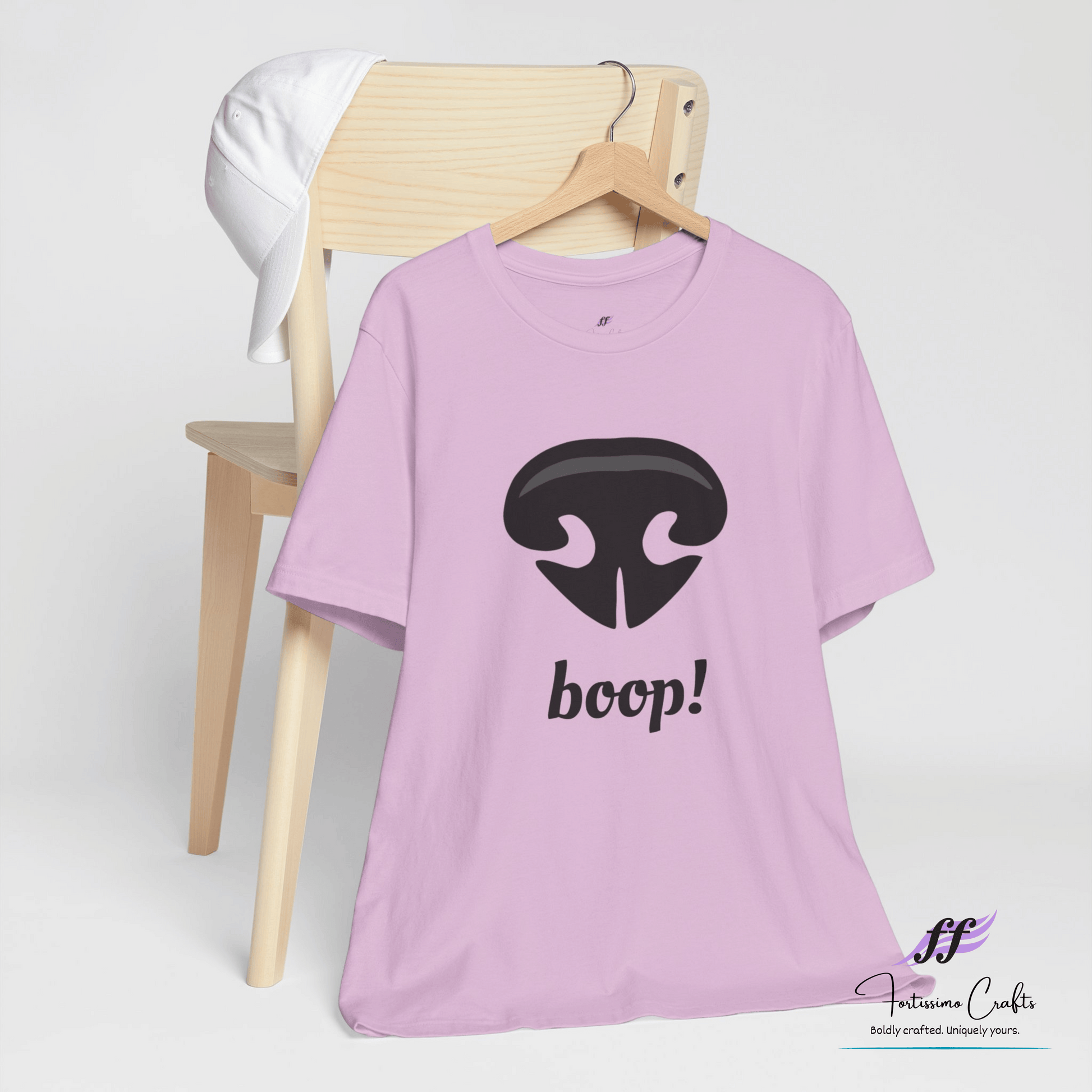 Light purple t-shirt with a black dog nose and 'boop!' text on a white background