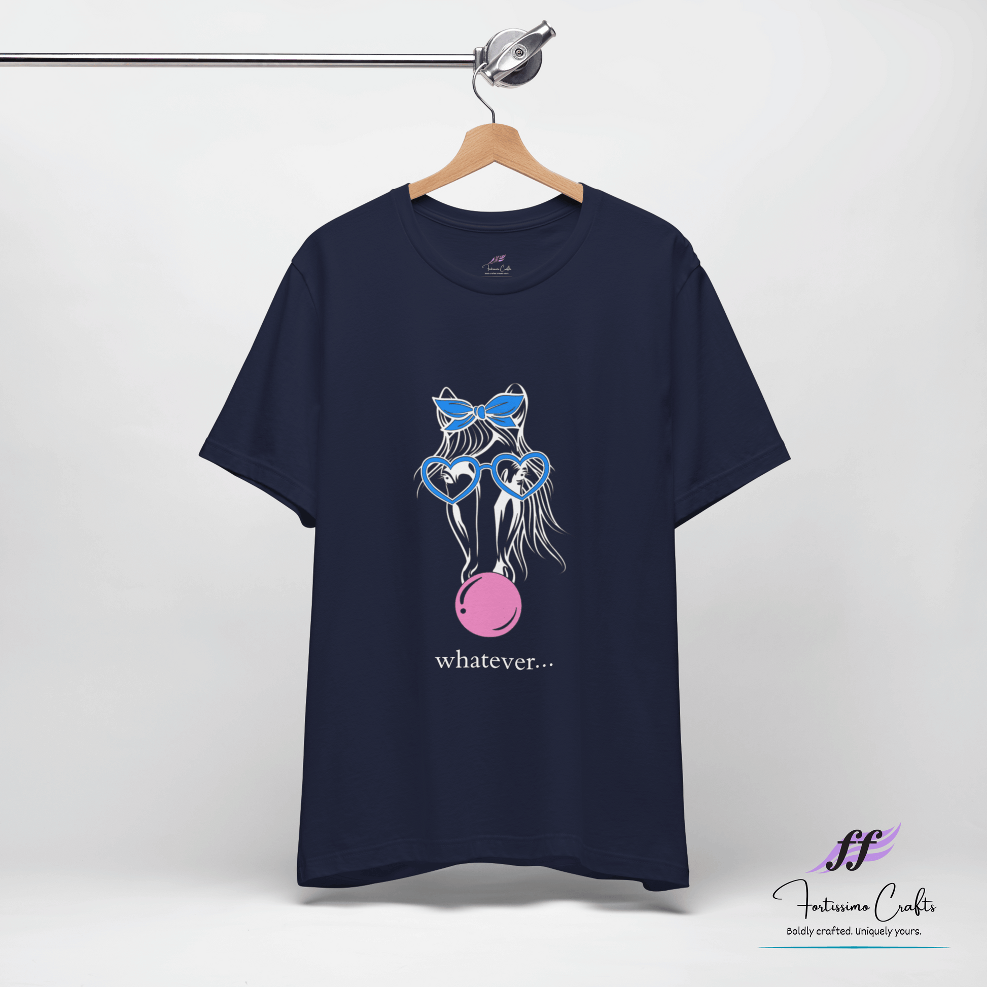 Navy blue t-shirt with a graphic design of a horse wearing sunglasses and a bow, with the text 'whatever.