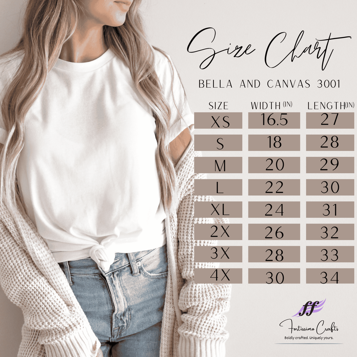 Size chart for Bella and Canvas 3001 shirts with a model wearing a white shirt and beige cardigan.