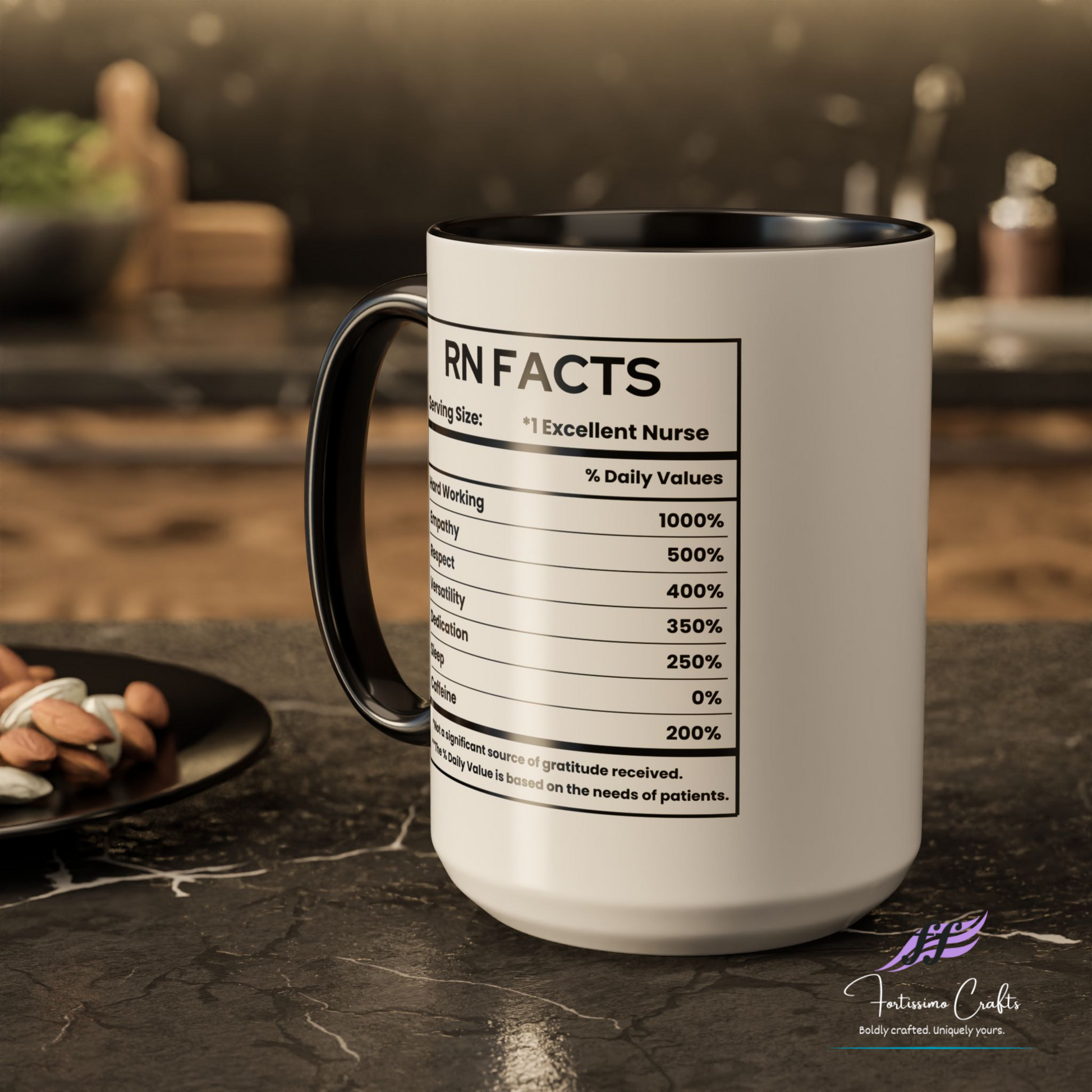 Mug with 'RN FACTS' design on a dark surface