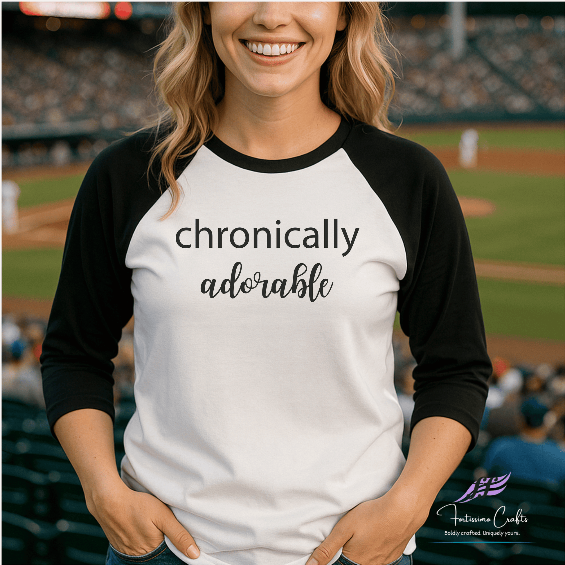 Woman wearing a black and white baseball shirt with 'chronically adorable' text at a baseball game.