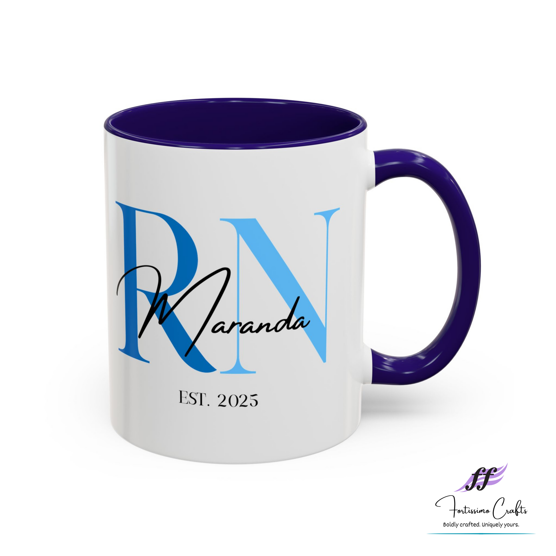 White mug with purple interior and handle, featuring 'RN' and 'Maranda Est. 2025' text.