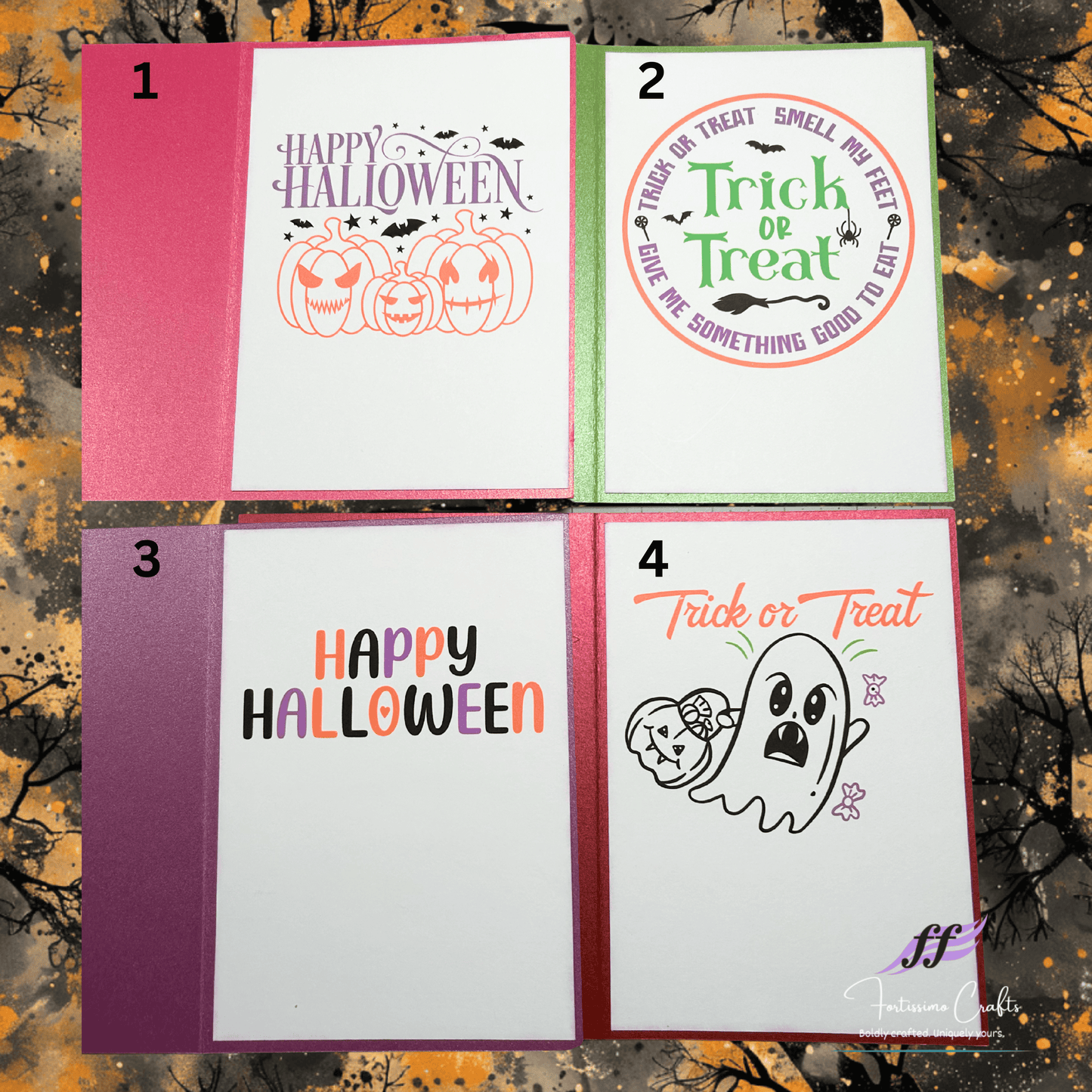 Four Halloween-themed greeting cards with different designs on a textured Halloween background.