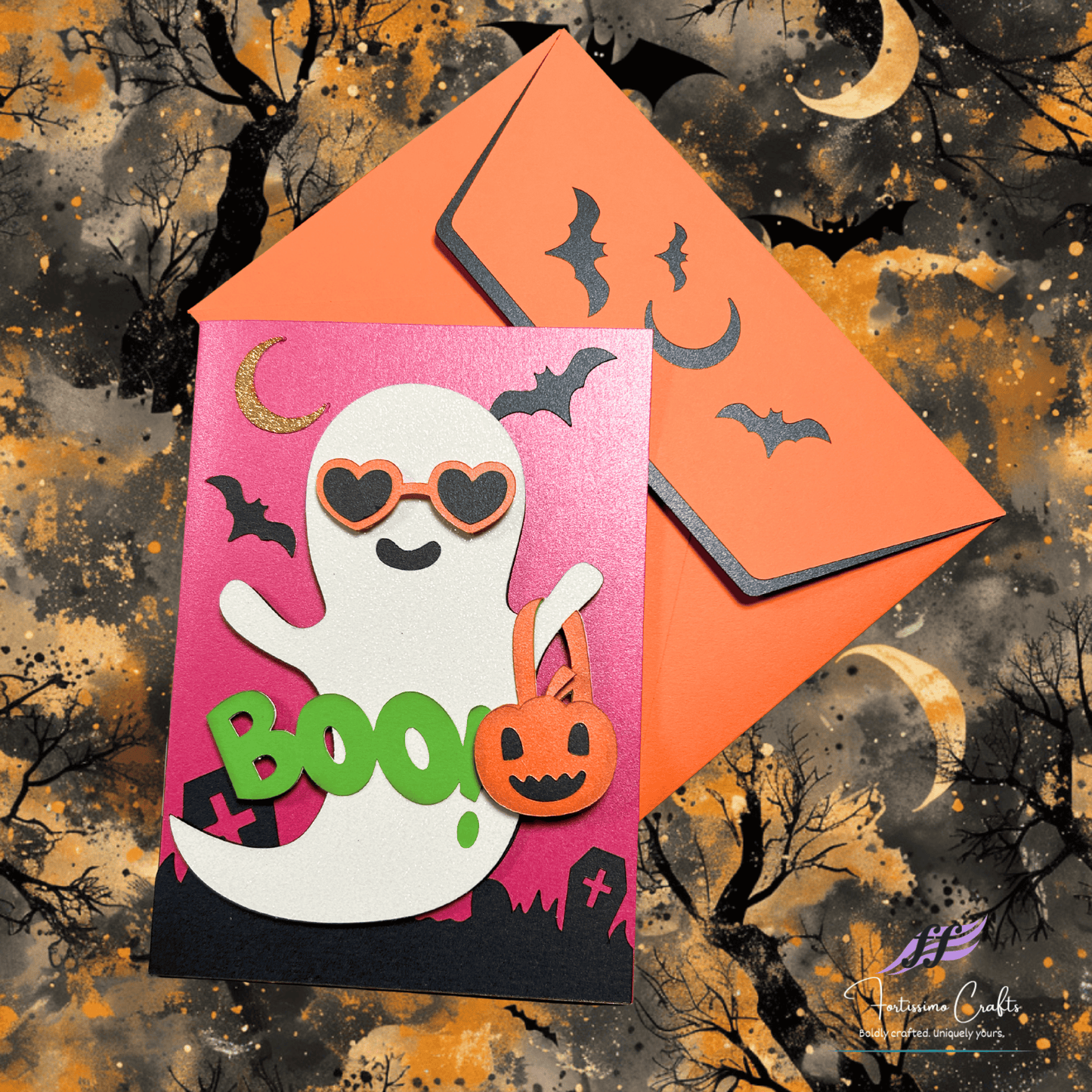 Halloween-themed card with ghost and pumpkin design on a colorful background
