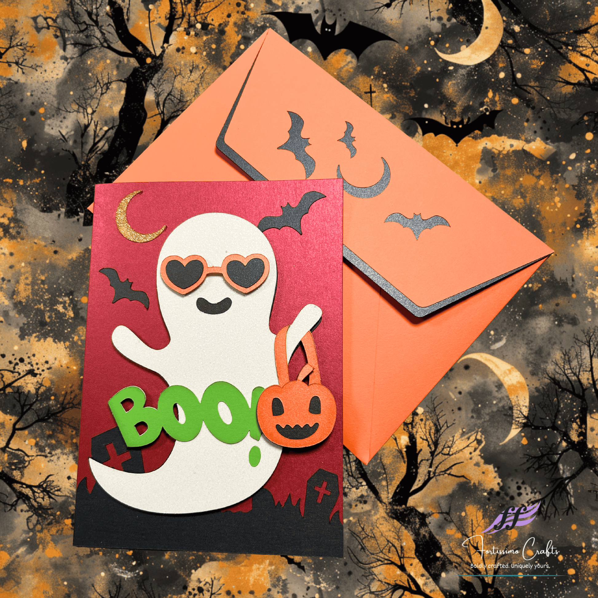 Halloween-themed card with ghost and 'BOO!' text on a spooky background