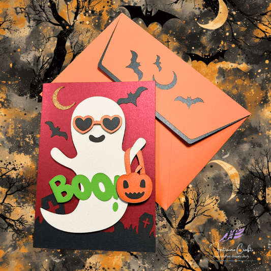 Halloween-themed card with ghost and 'BOO!' text on a spooky background