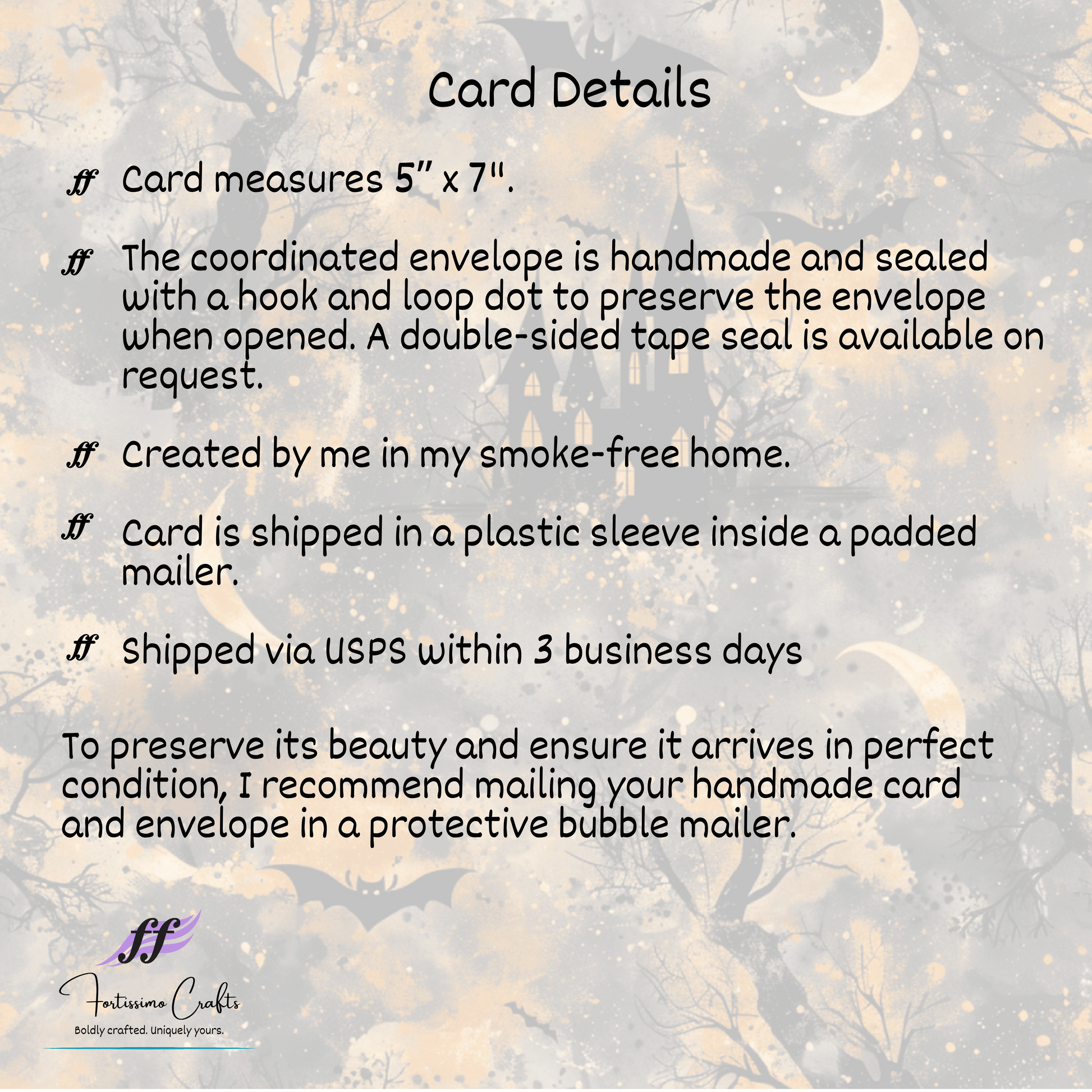 Card details text on a textured background with floral elements