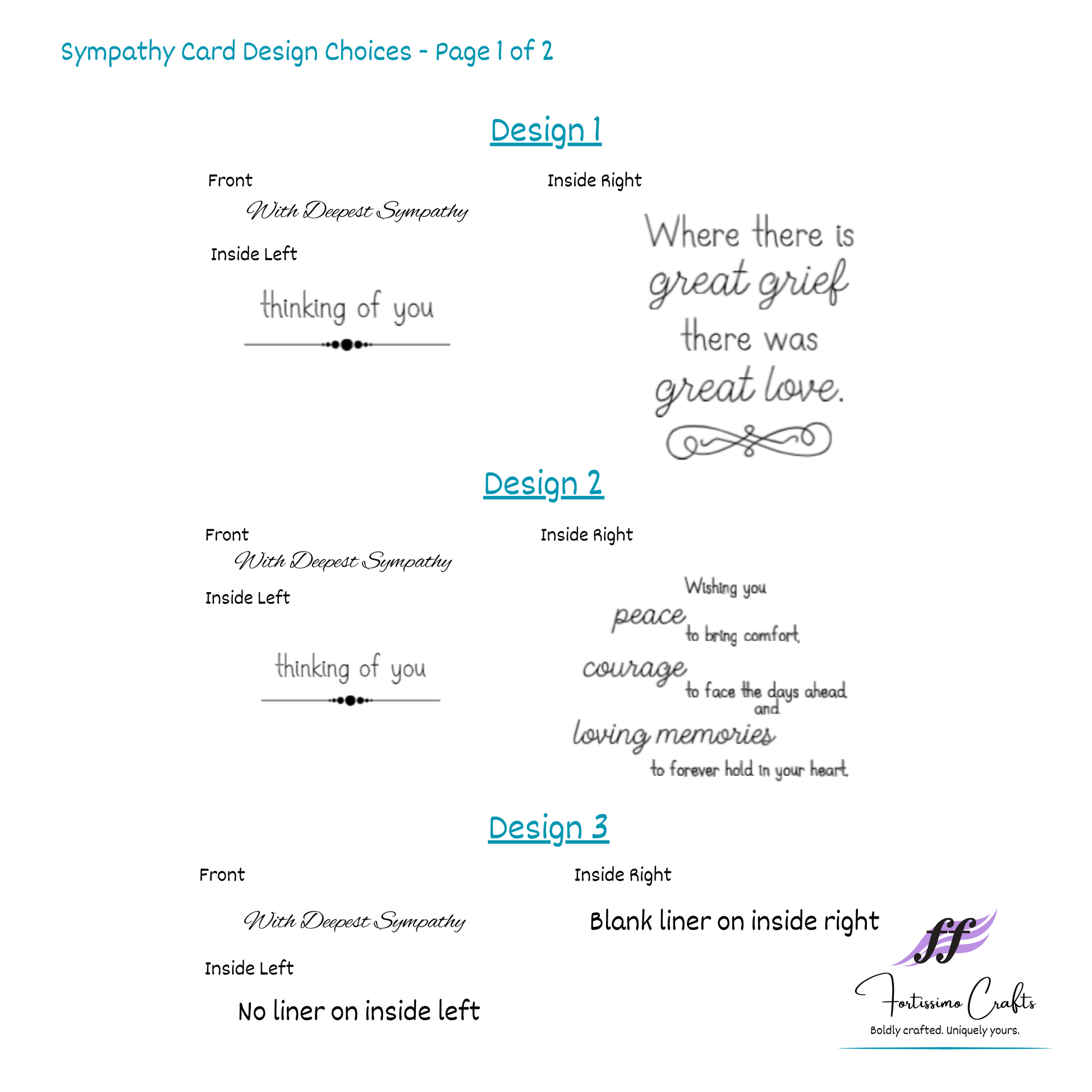 Sympathy card design choices with text and branding