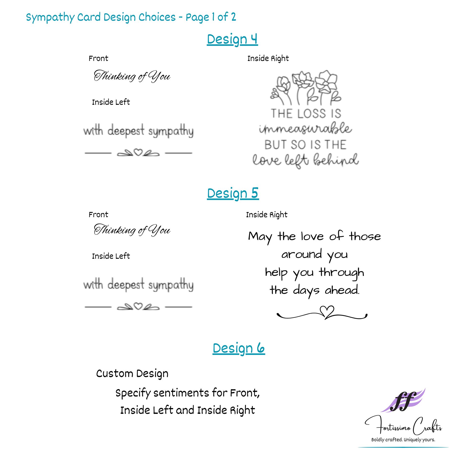 Sympathy card design choices with text and floral illustrations on a white background.