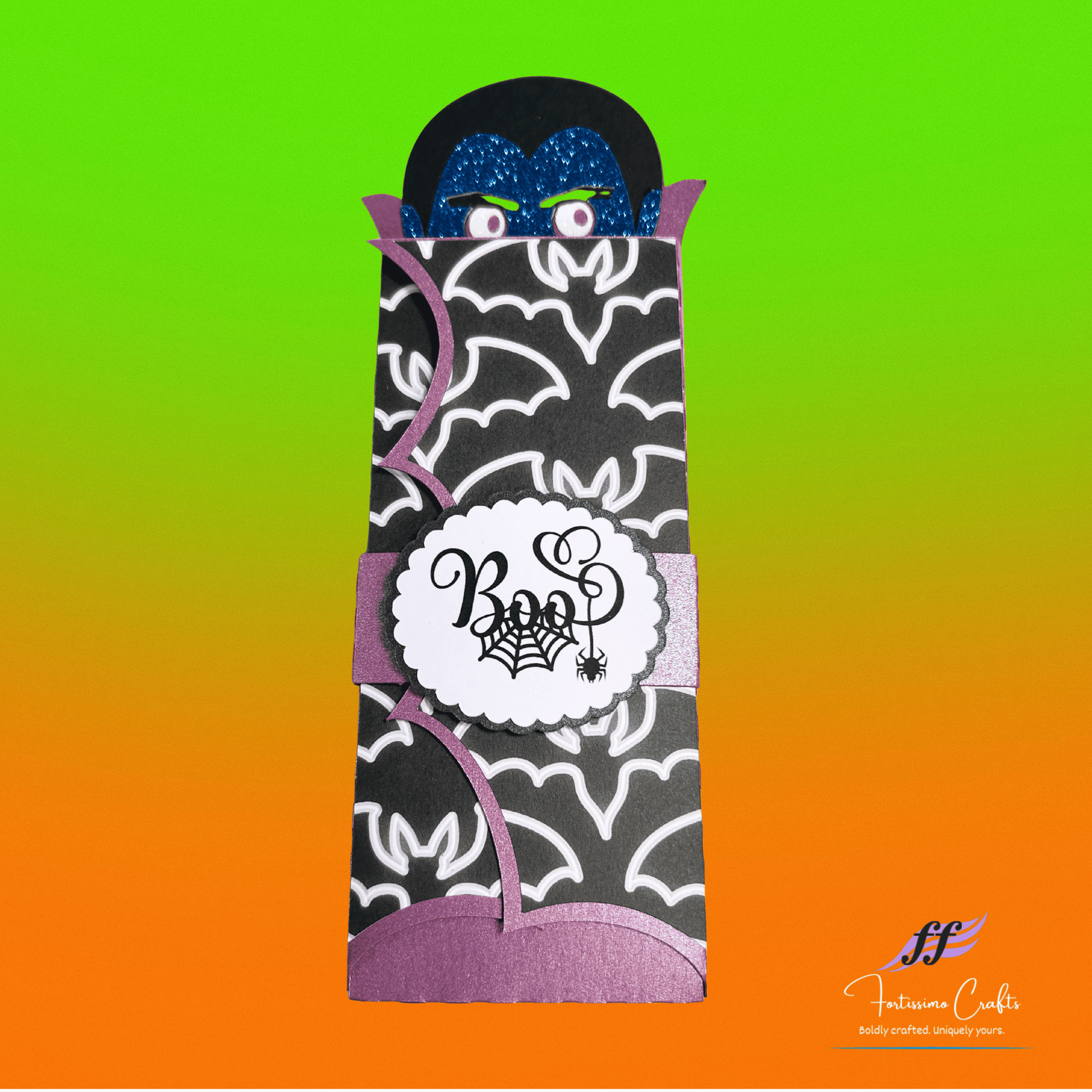 Halloween-themed vampire candy bar wrapper with purple and black design on a gradient background
