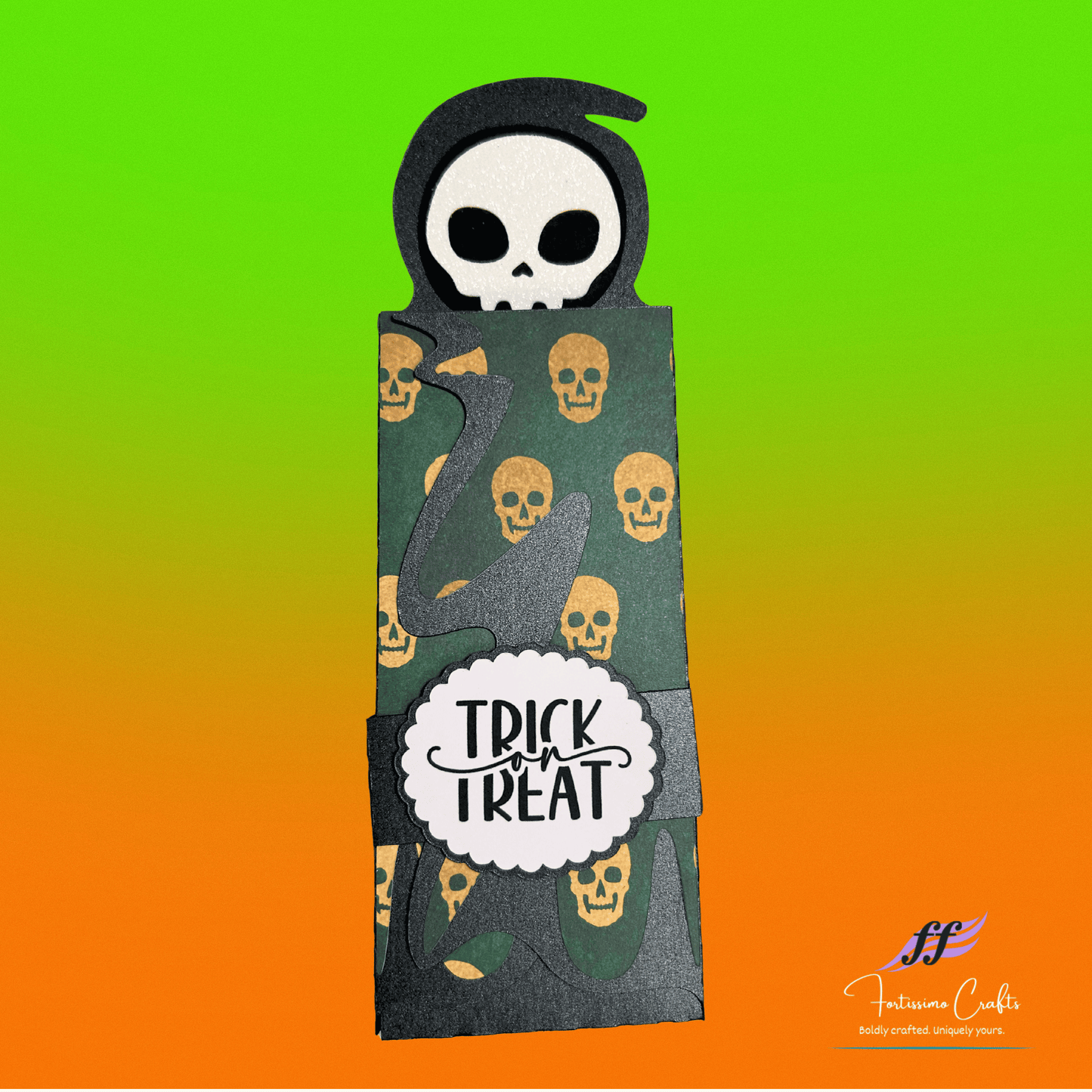 Halloween-themed ghoul candy bar wrapper with black gold design on a gradient background