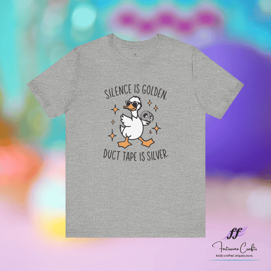 Gray t-shirt with a duck graphic and text on a colorful background