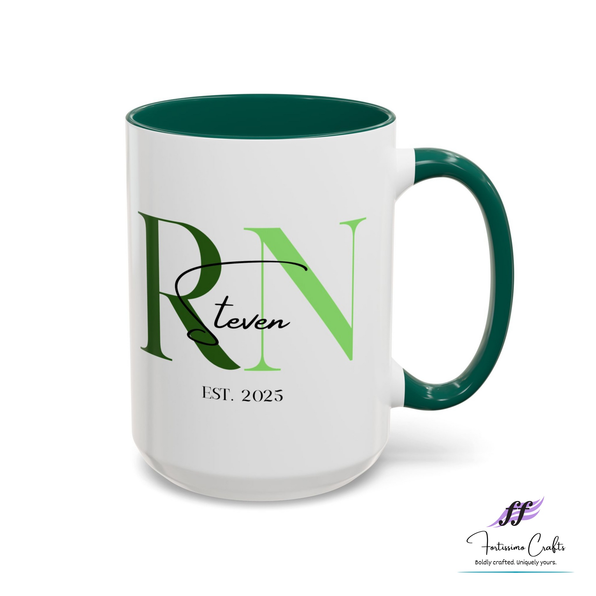 White mug with green interior and handle, featuring 'RN' and 'Est. 2025' text.