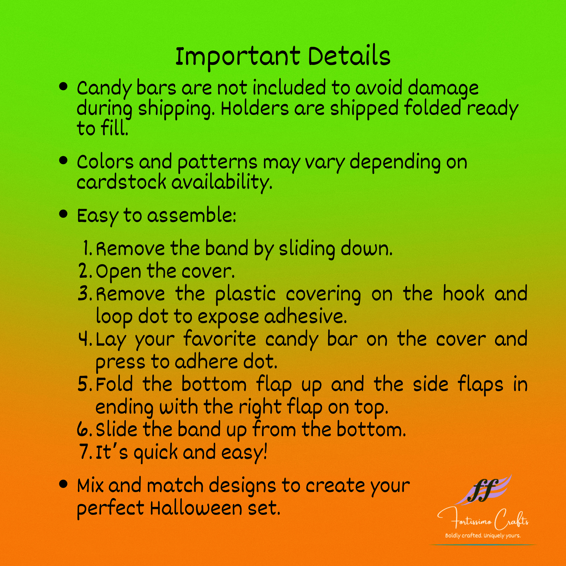 Instructions for candy bar holders with a green and orange gradient background and Fruity Fancies logo.
