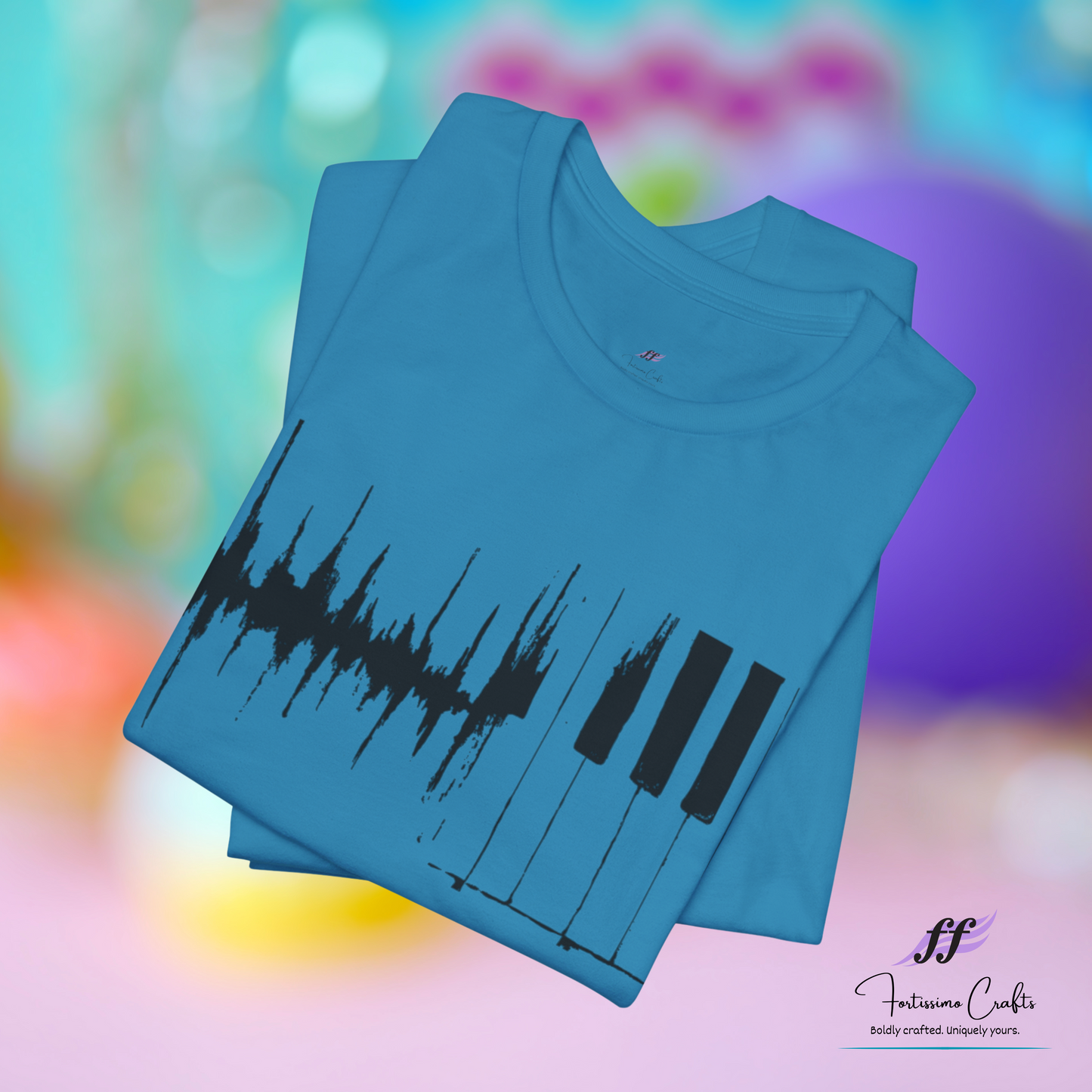 Blue t-shirt with black sound wave design on a colorful background
