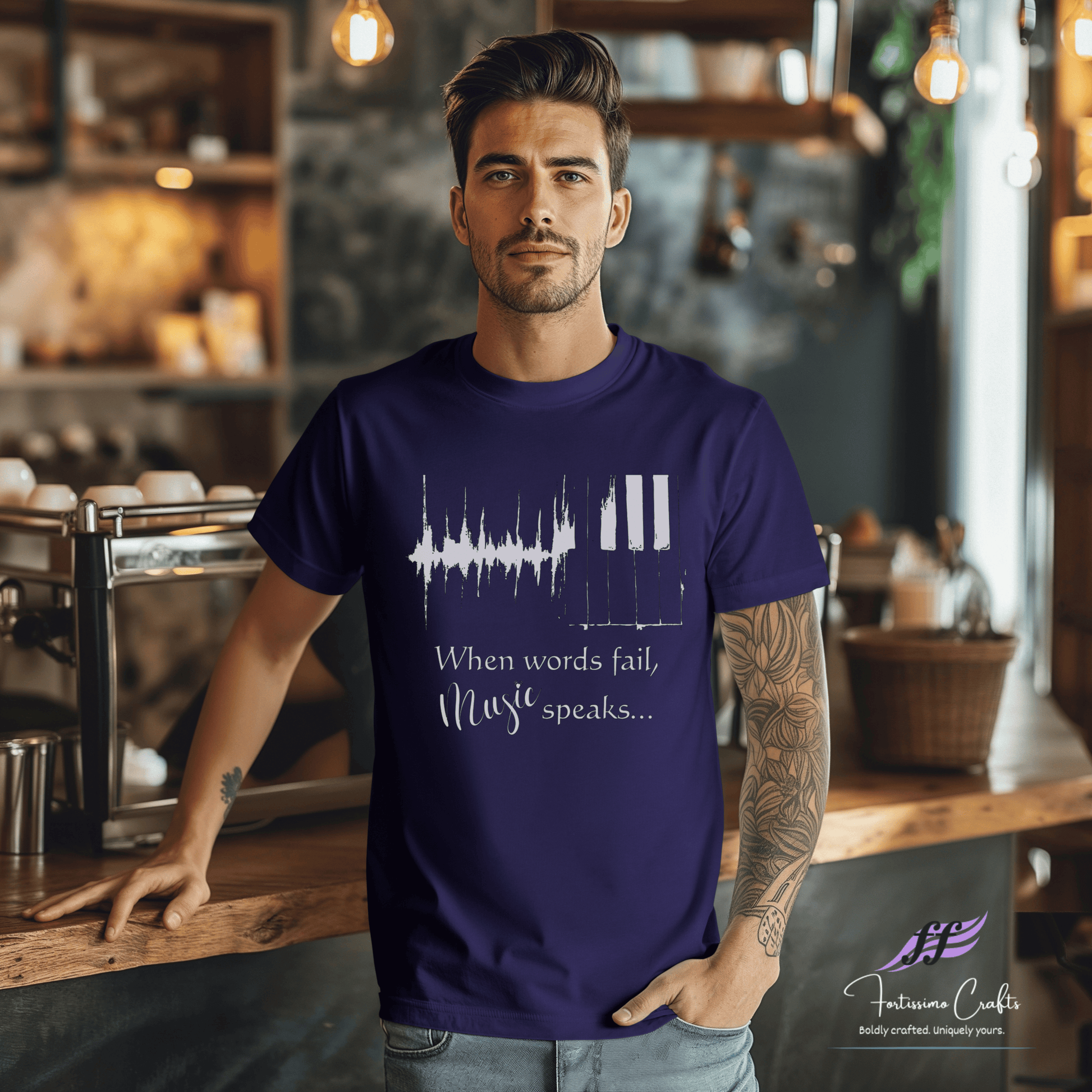 Man wearing a purple t-shirt with a music-themed design in a cafe setting