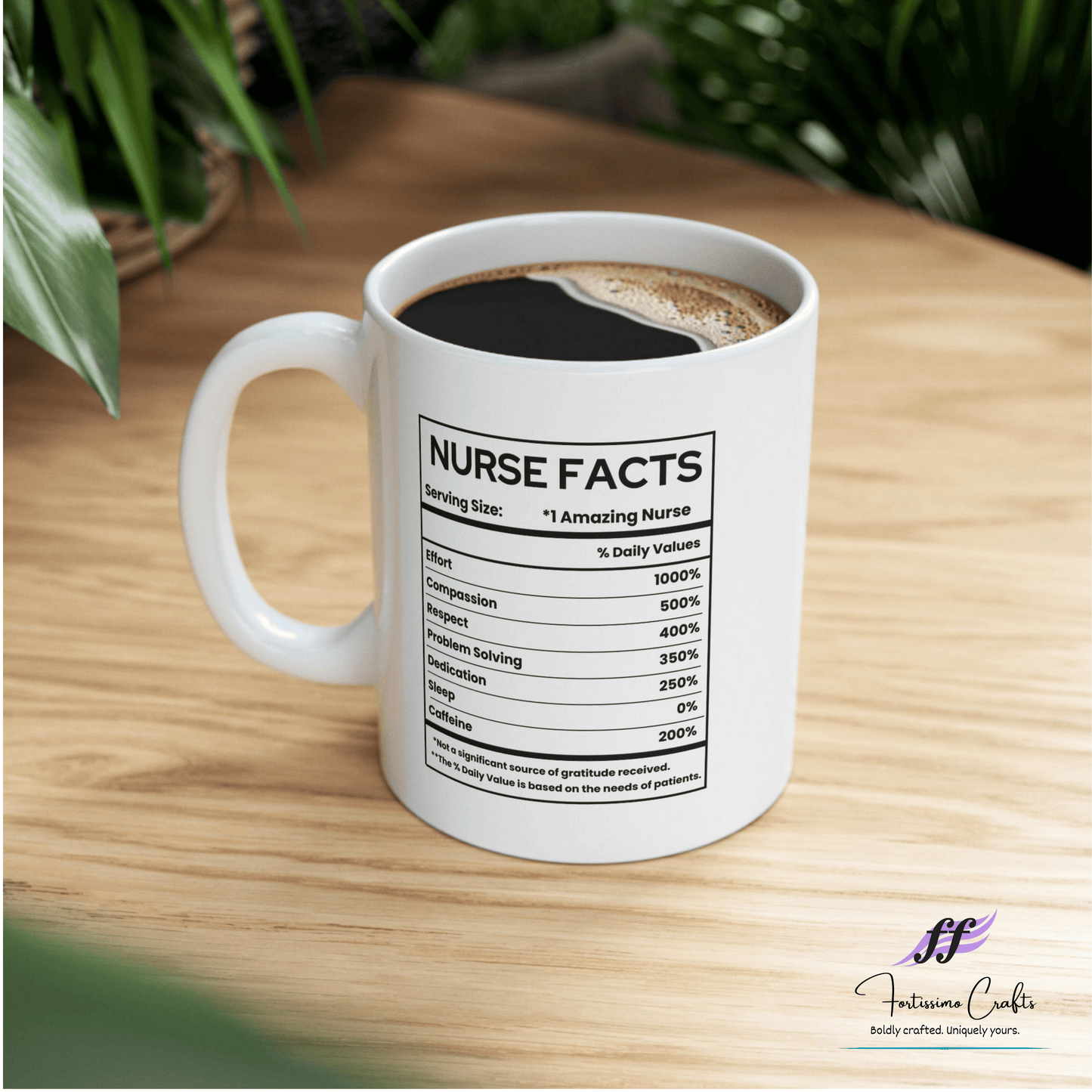 White ceramic mugs with NURSE Facts label sitting on a table with a plant in the background