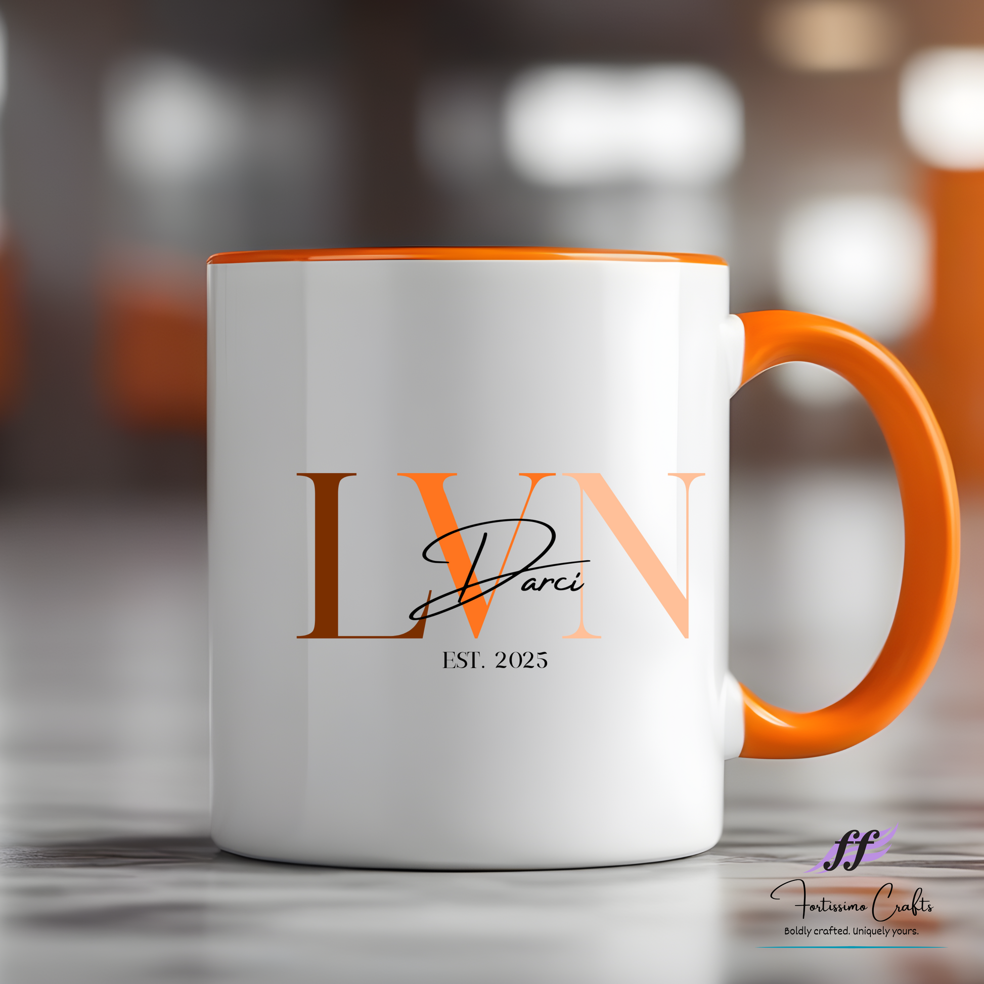 White mug with orange interior and handle, featuring 'LVN Darci EST. 2025' text.