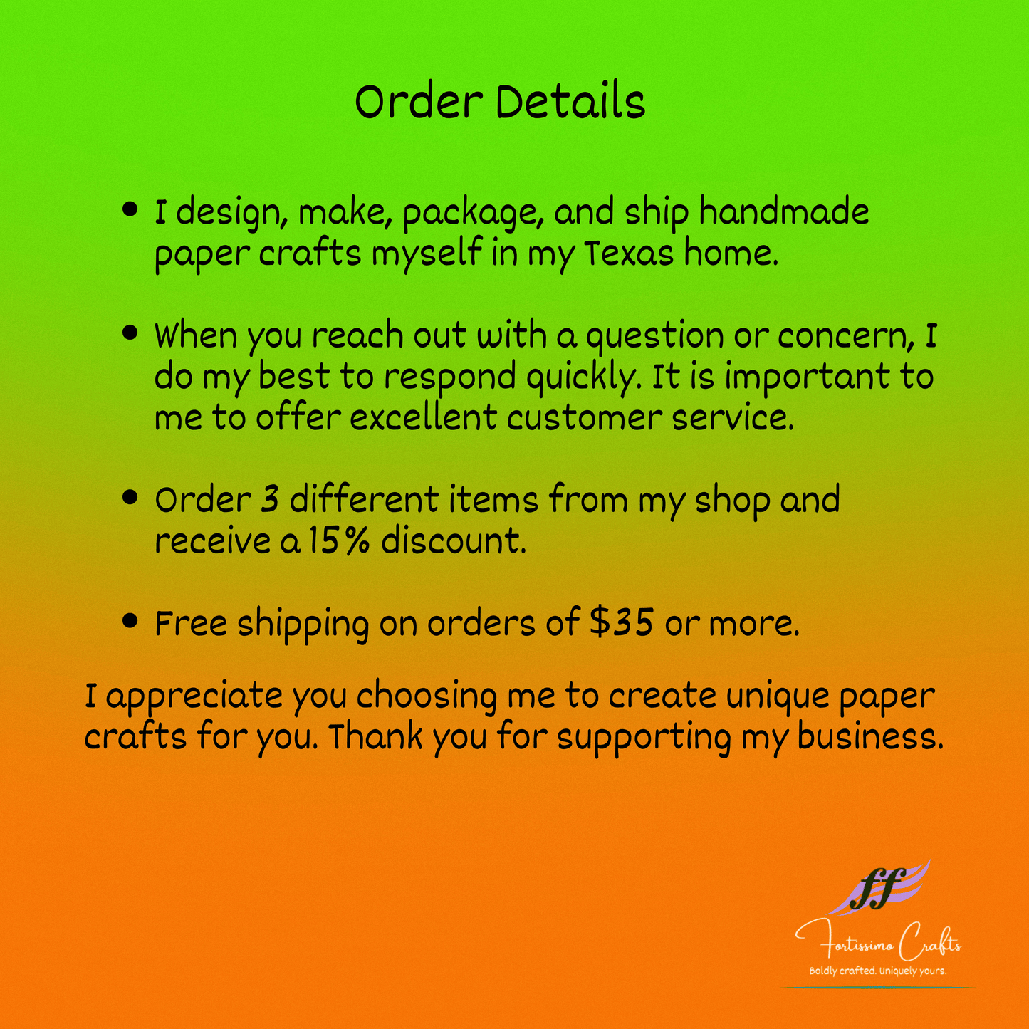 Order details text on a gradient background with a logo at the bottom.