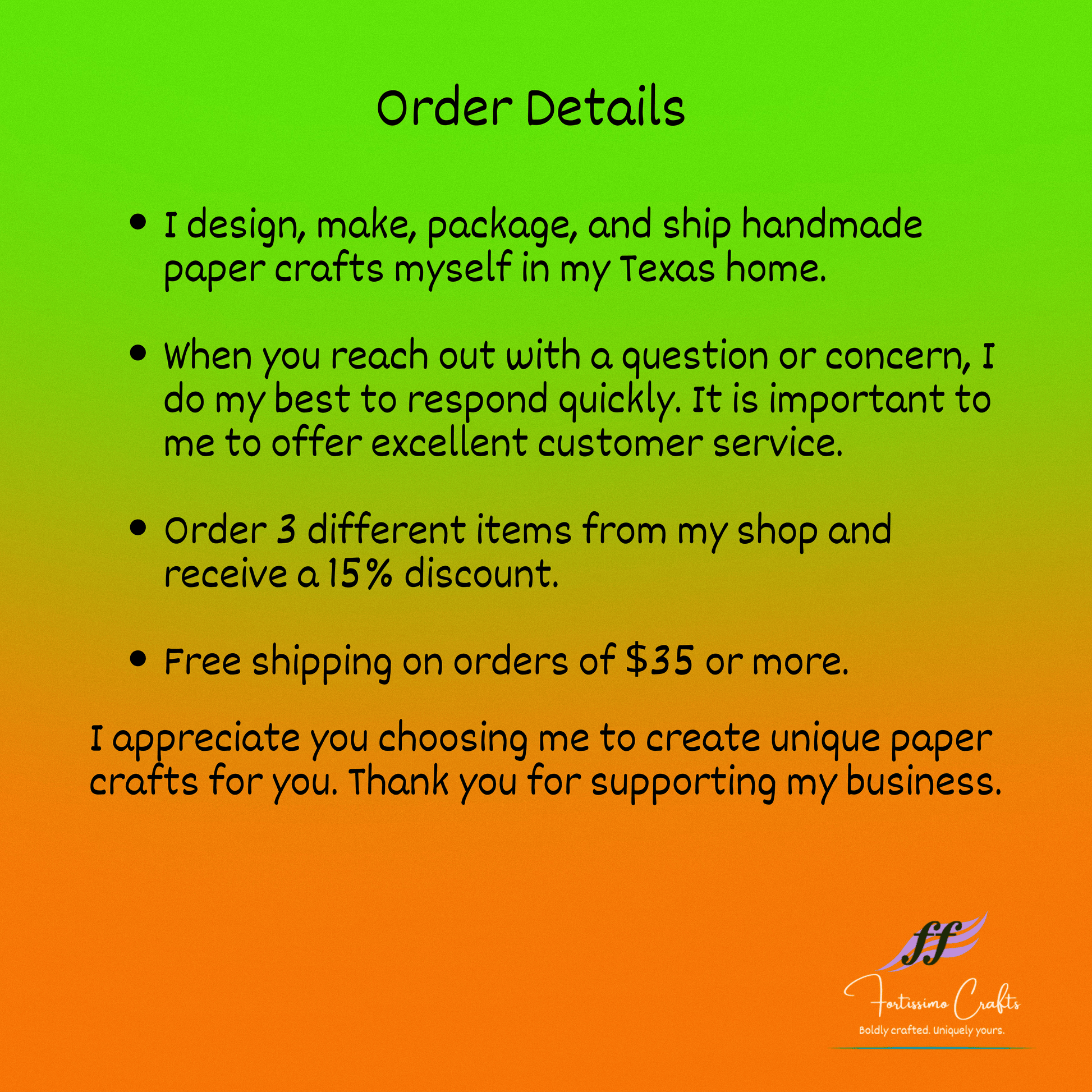 Order details text on a gradient background with a logo at the bottom.