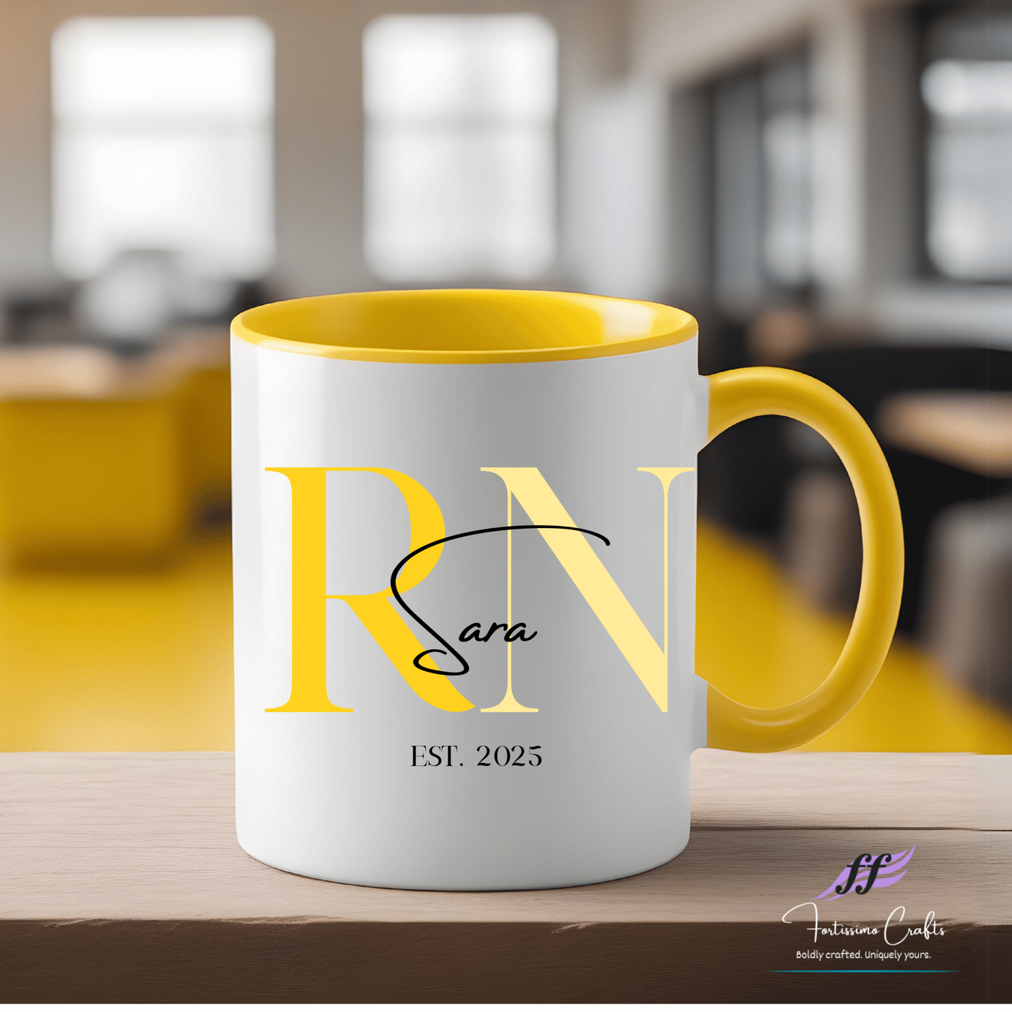 Mug with 'RN Sara Est. 2023' design on a blurred background