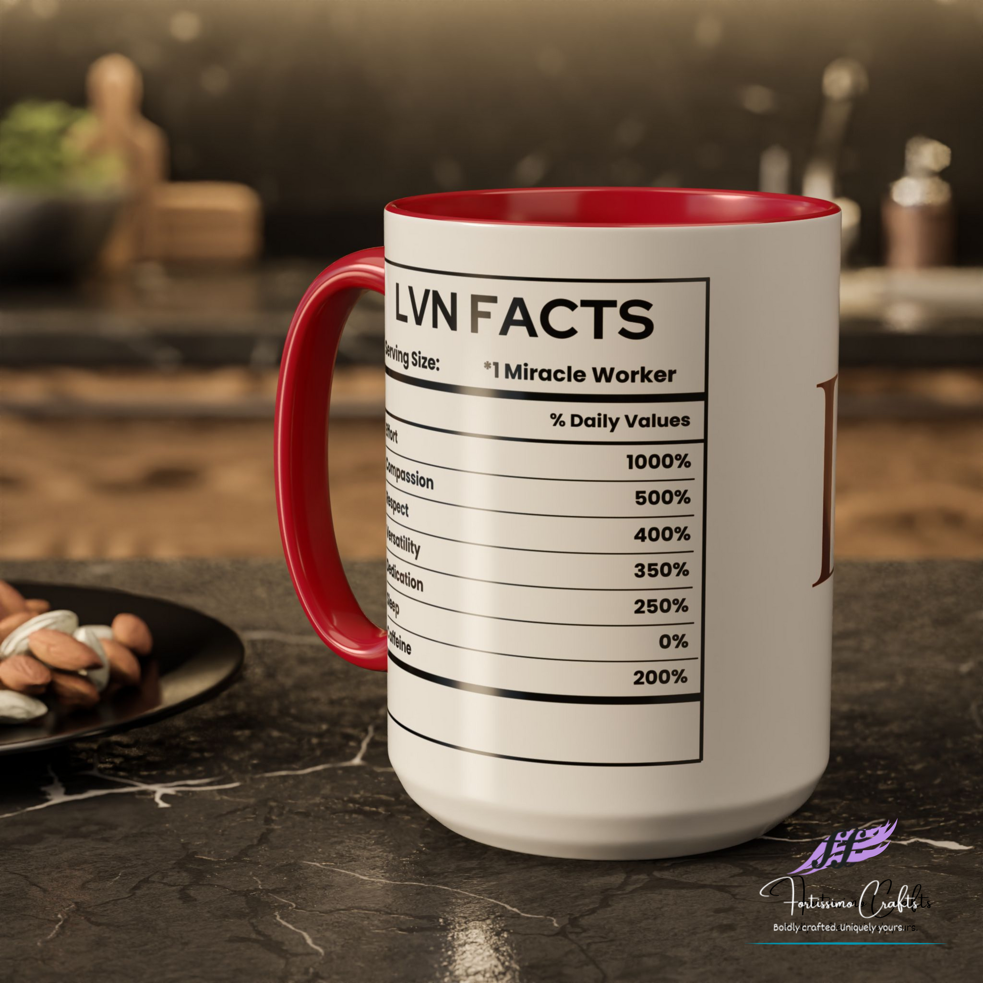 Mug with 'LVN FACTS' design on a kitchen counter