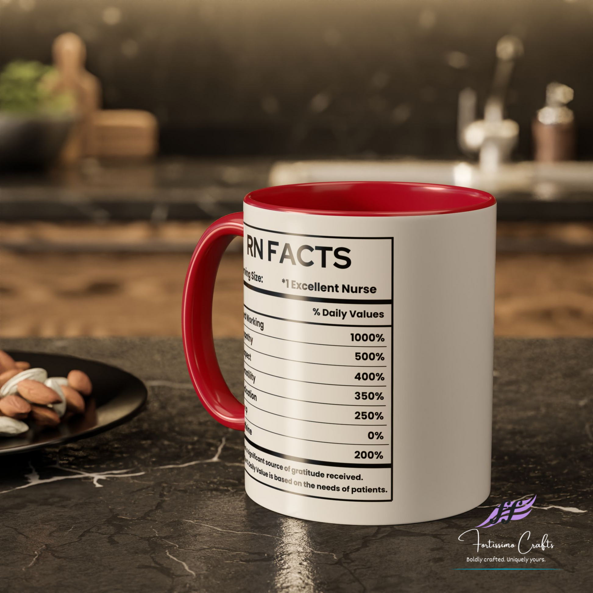 Mug with nutritional facts design on a kitchen counter