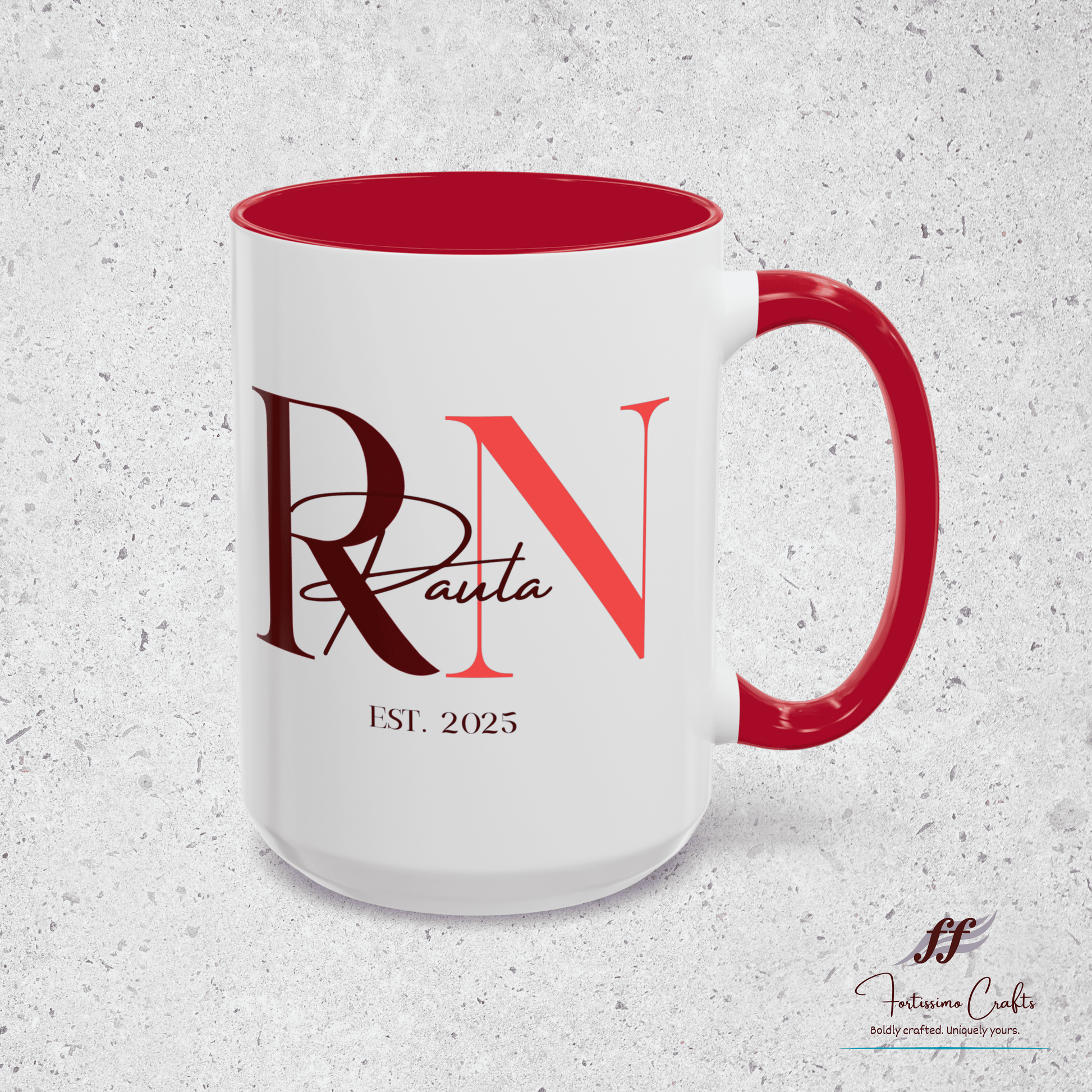 White mug with red interior and handle, featuring 'RN' and 'Paula' text on a textured gray background.