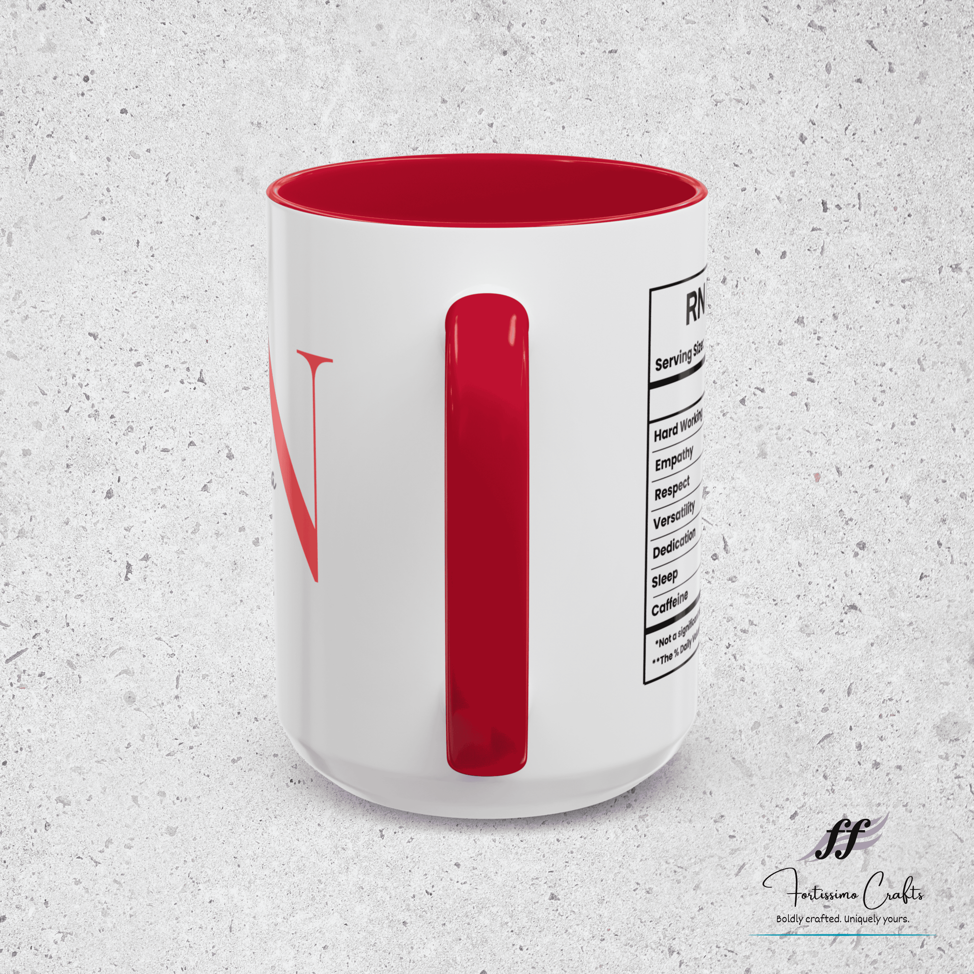 White mug with red interior and handle on a gray textured background