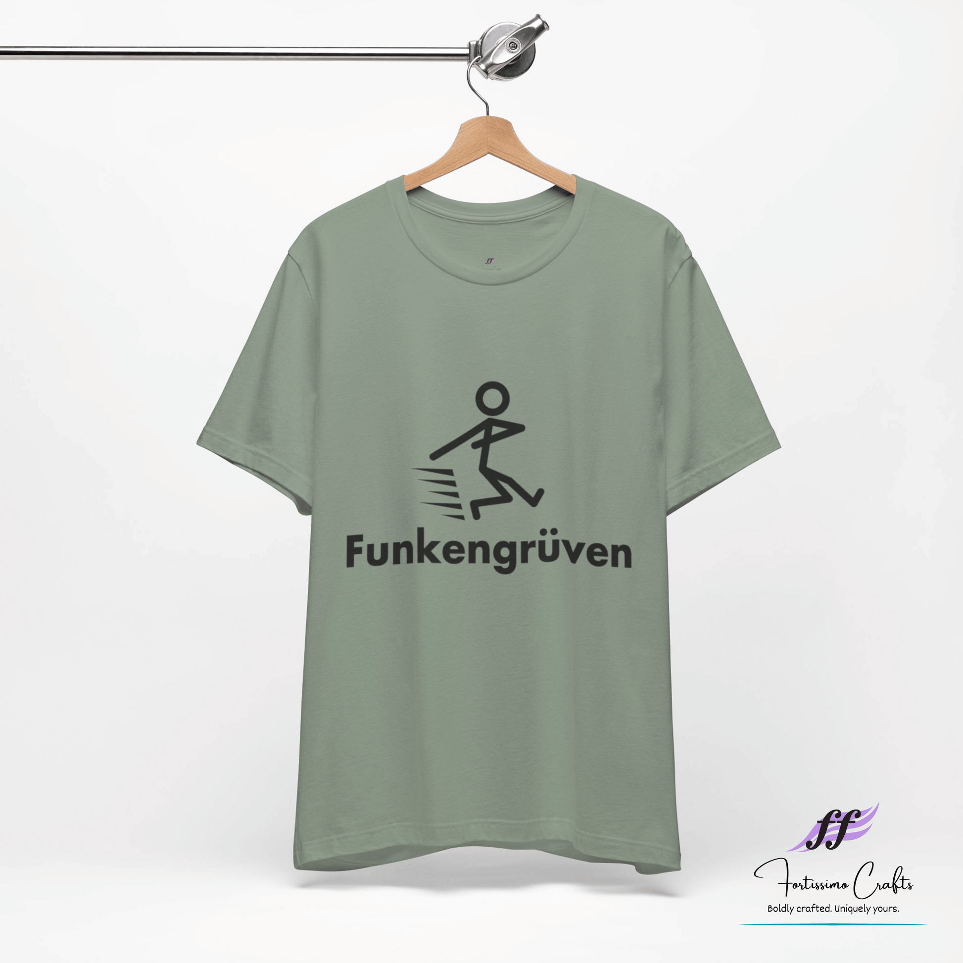 Sage shirt hanging on a rod with 
Funkengruven" written on the bottom and a stick figure running above
