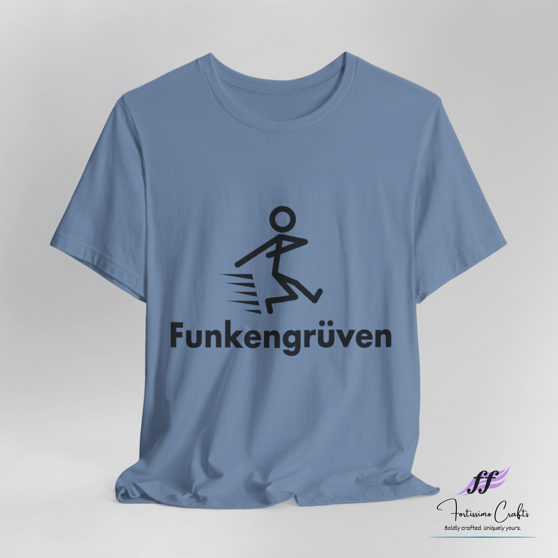 Blue t-shirt with black graphic and text 'Funkengruven' on a light gray background