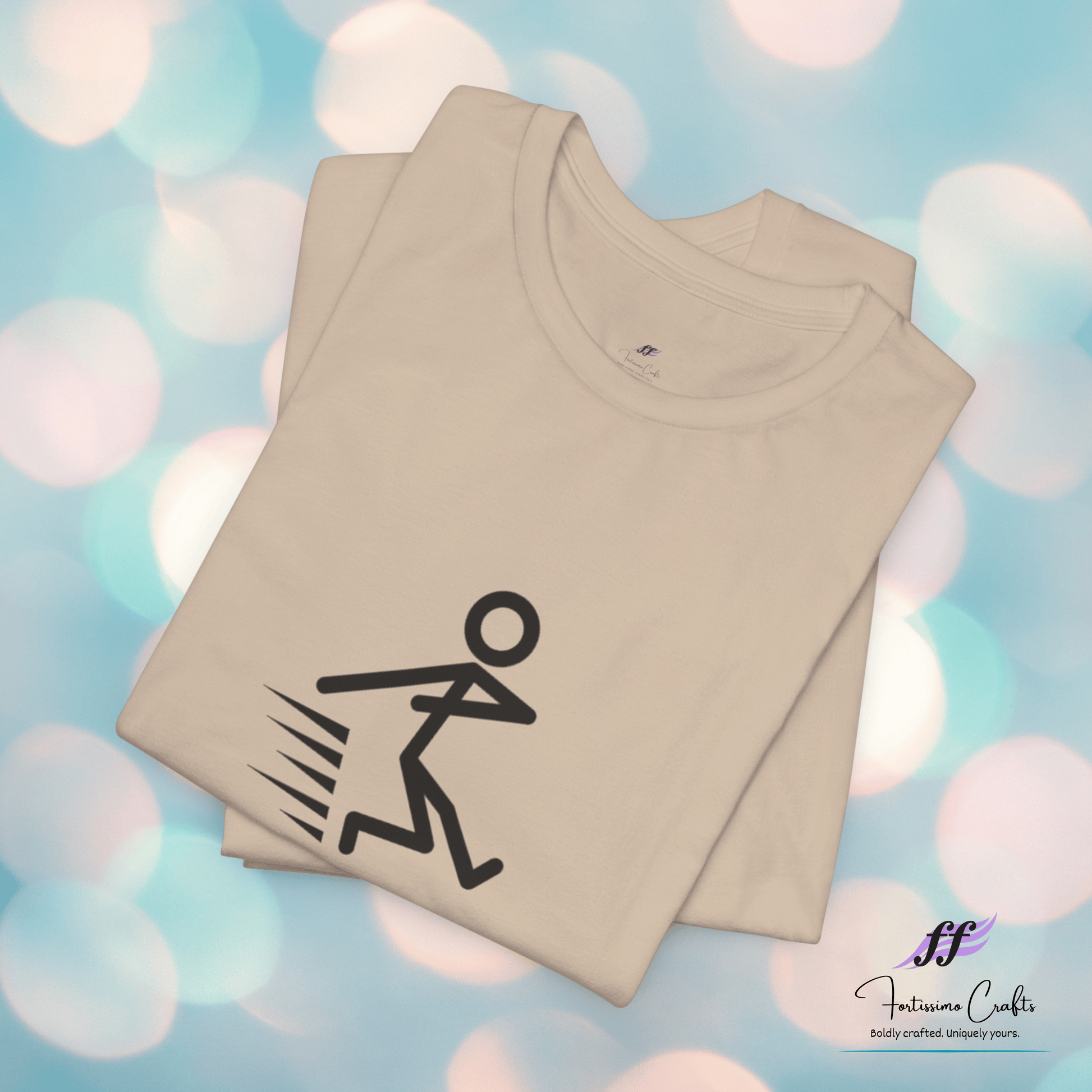 Beige t-shirt with a black graphic design on a colorful blurred background