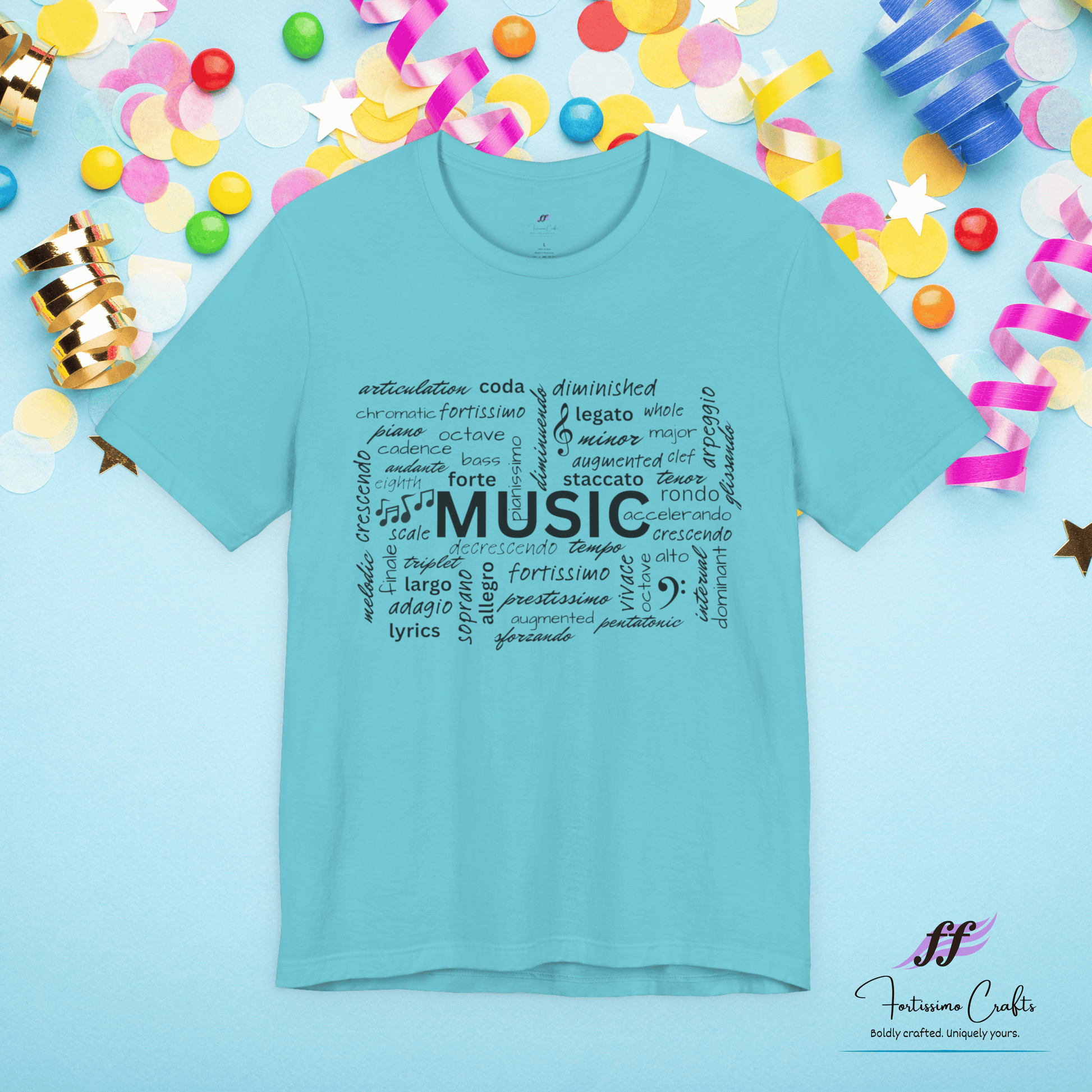Light blue t-shirt with musical term design on a light blue background with confetti and streamers.