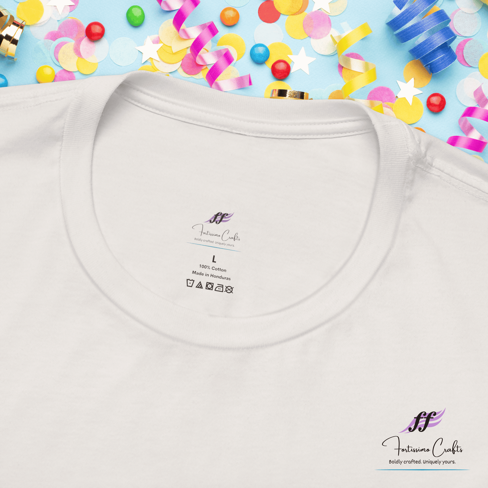 White t-shirt with a brand label on a colorful confetti background