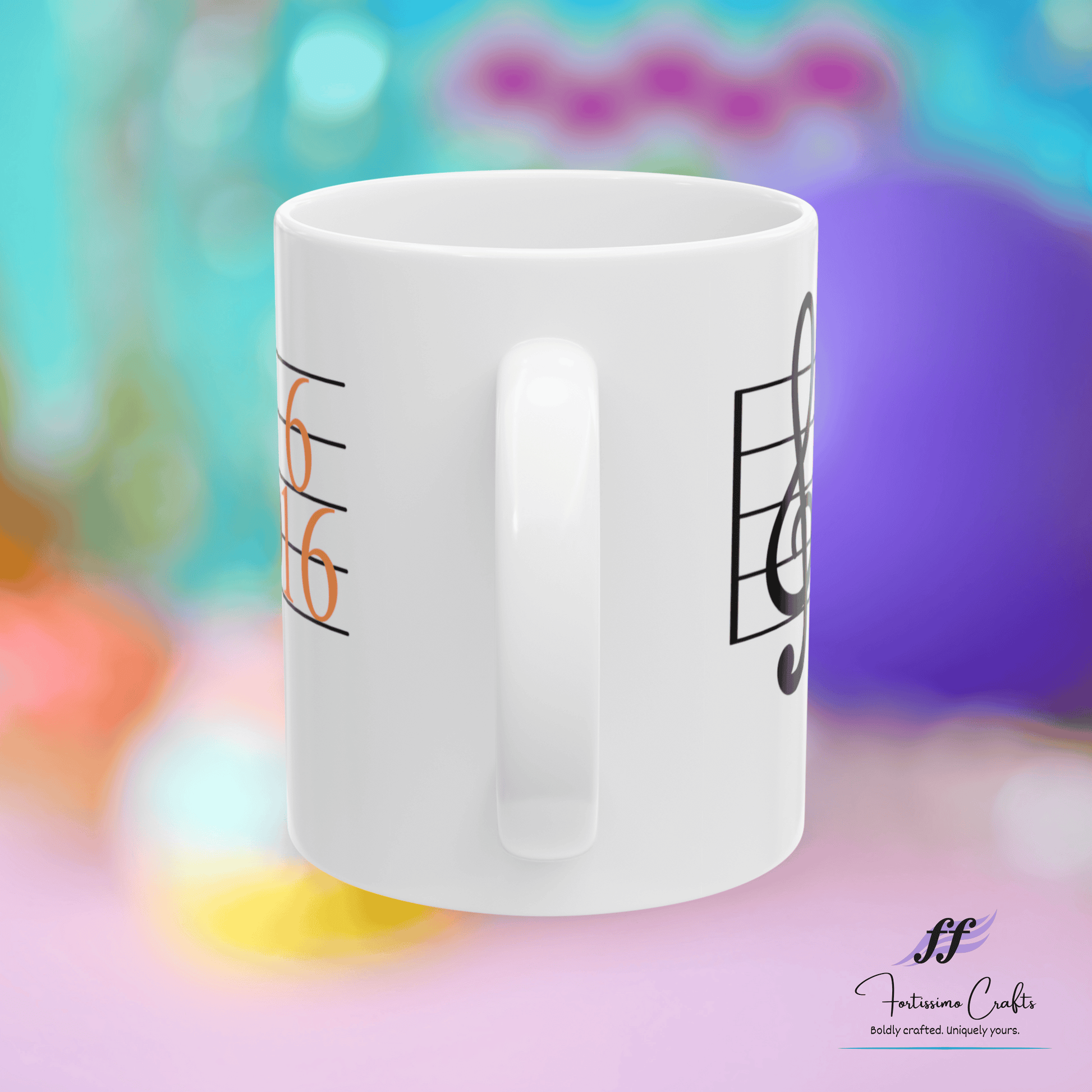 Back of white ceramic mug