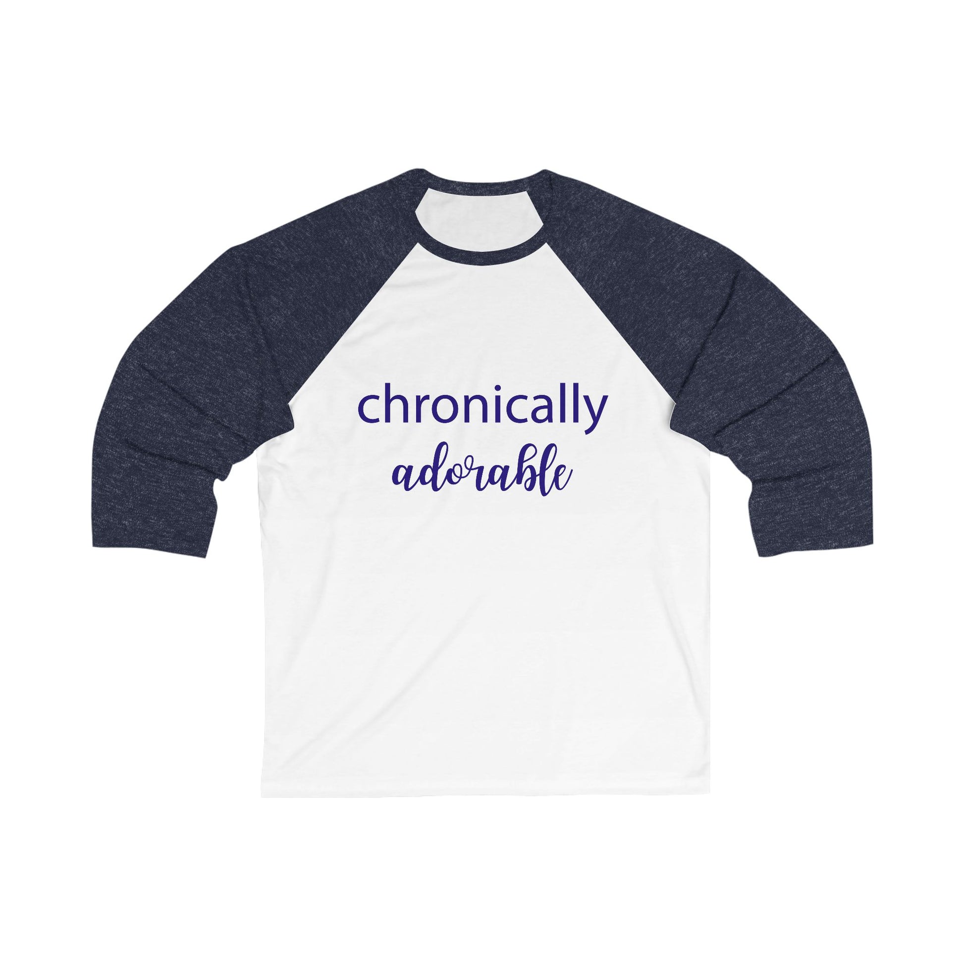 White and navy blue baseball shirt with 'chronically adorable' text on a white background