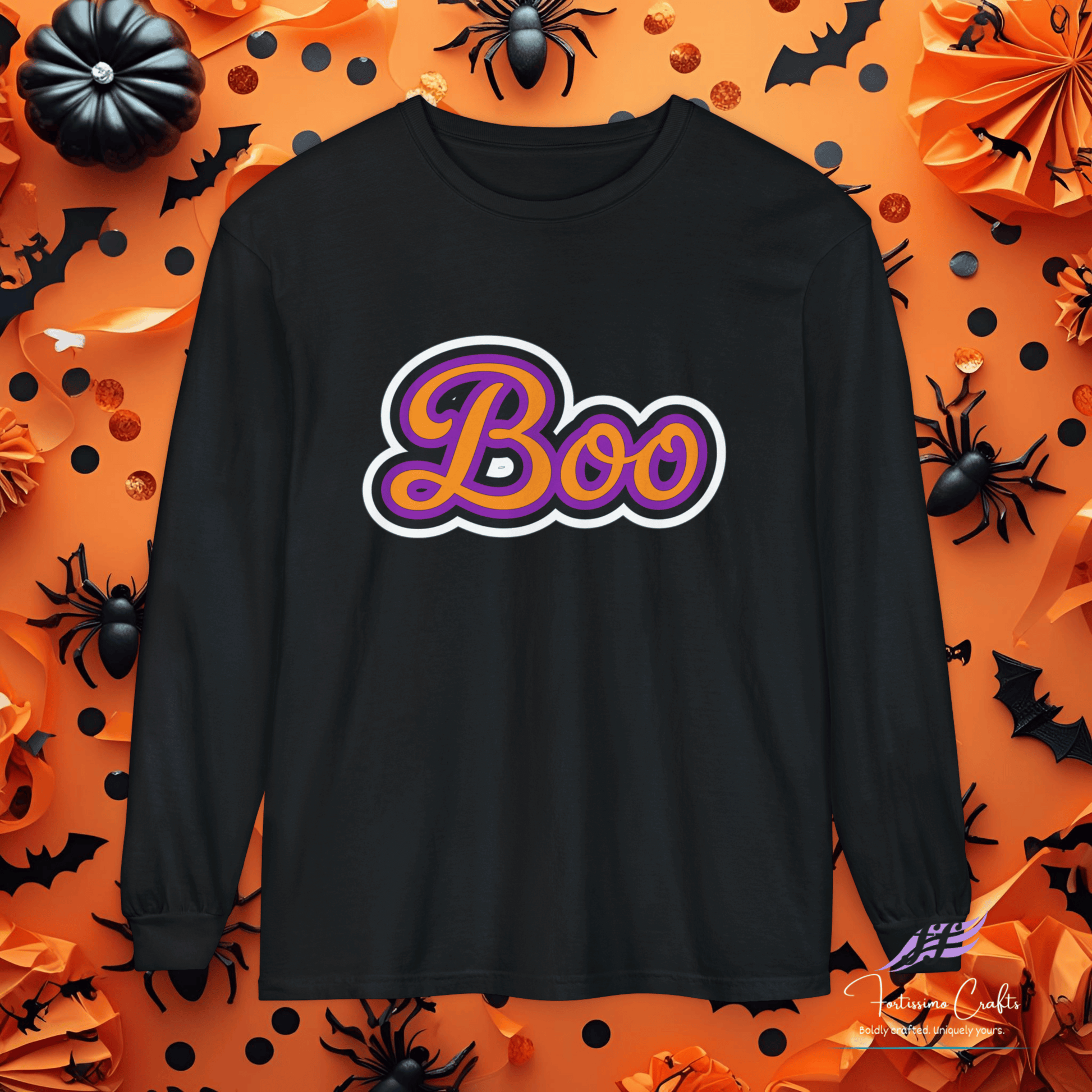 Black long-sleeve shirt with 'Boo' design on an orange Halloween-themed background