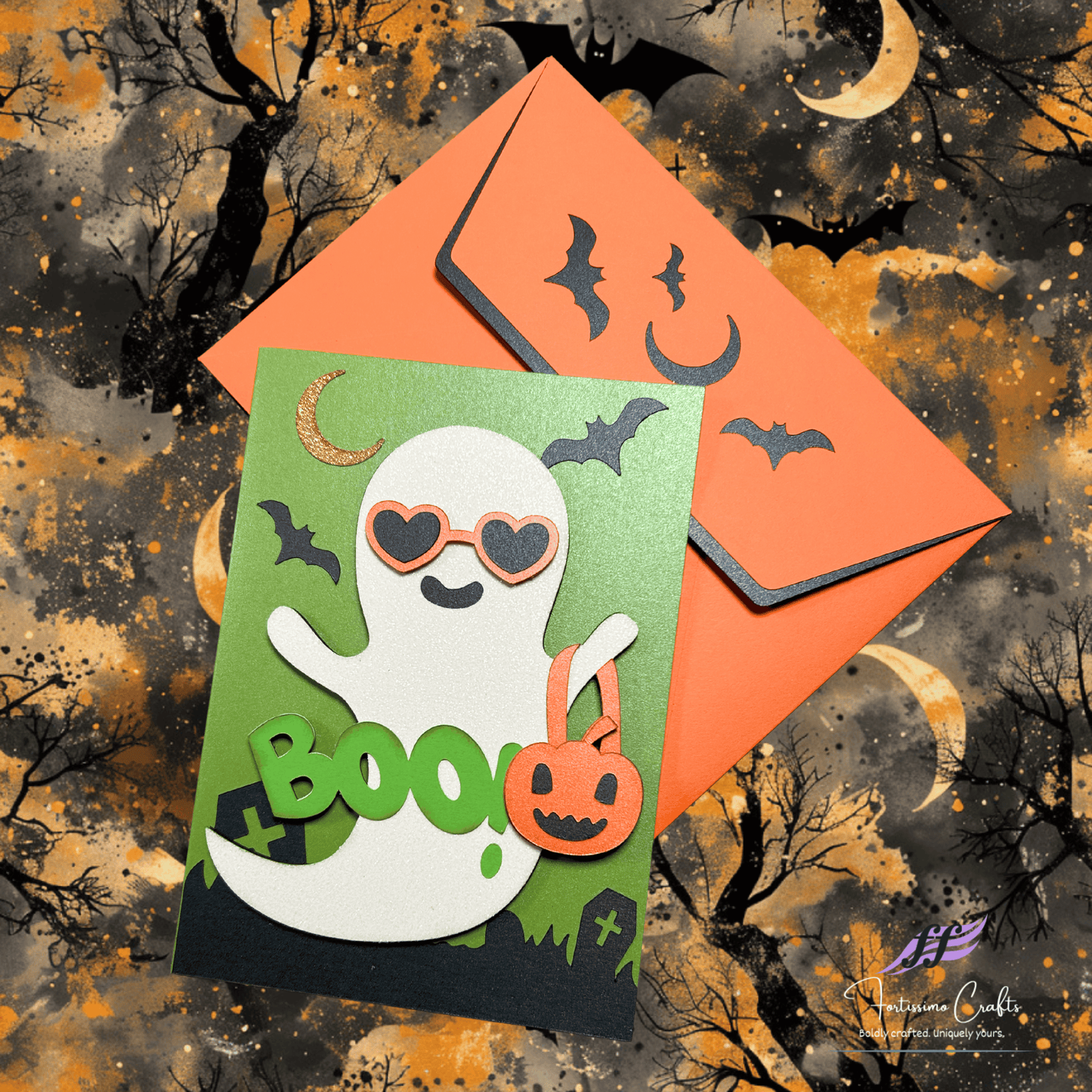 Halloween-themed card with ghost design and orange envelope on a spooky background