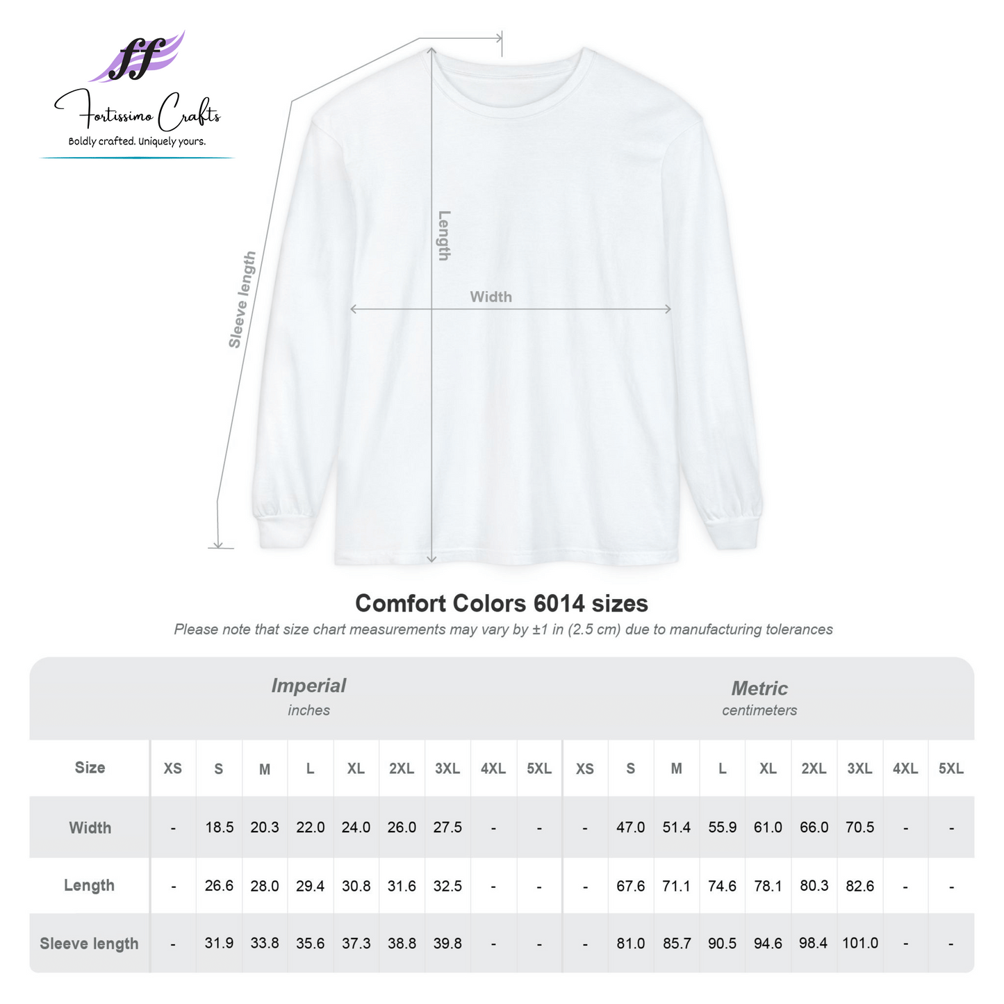 Comfort Color 6014 Long-sleeve Shirt Sizing Chart
