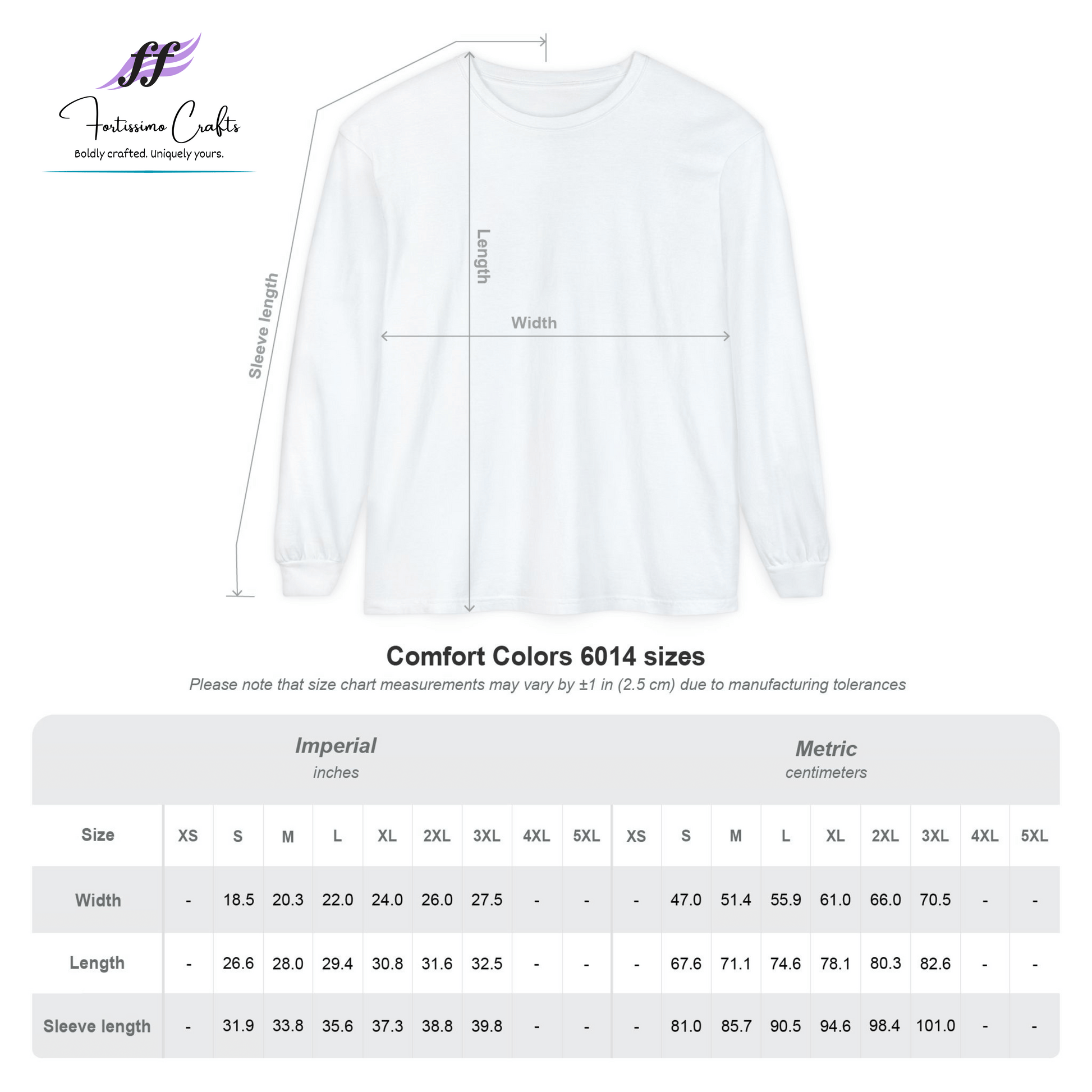 Comfort Color 6014 Long-sleeve Shirt Sizing Chart