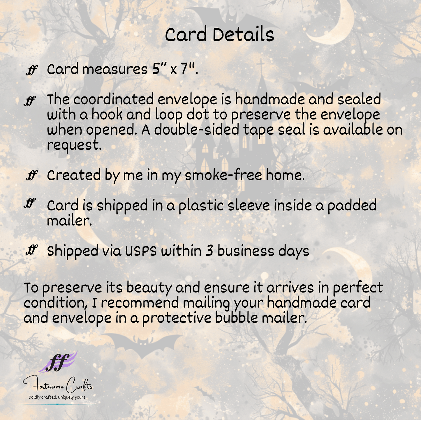 Card details text on a textured background with floral elements