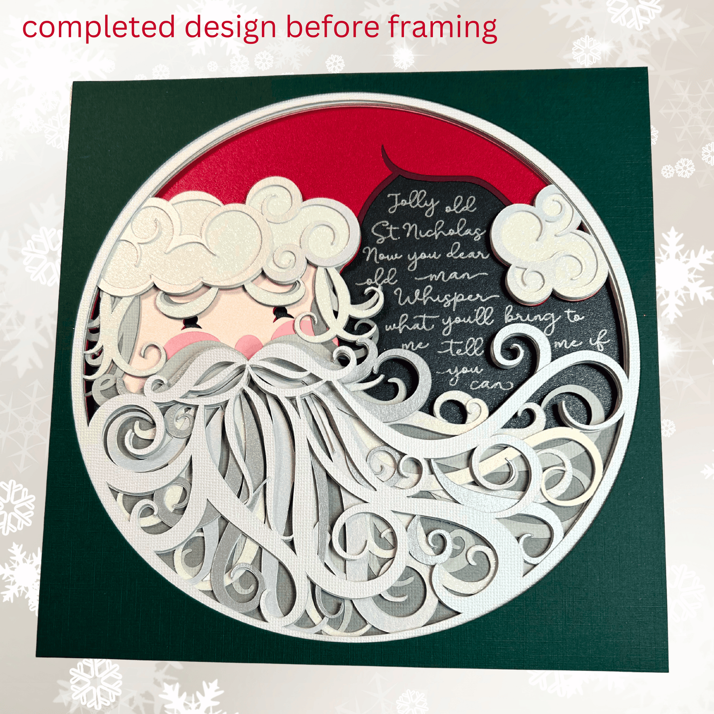 Assembled layers (12) of Jolly Old St. Nicholas 3D layered paper art before framing